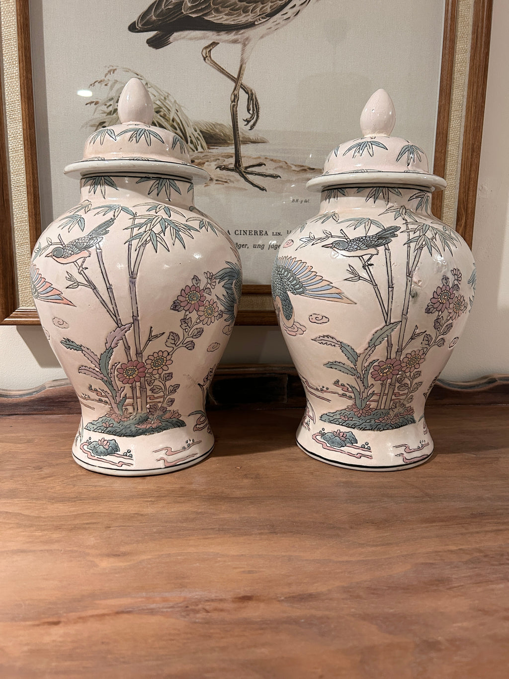 Vintage Pastel Bird and Floral Motif Ginger Jar Pair