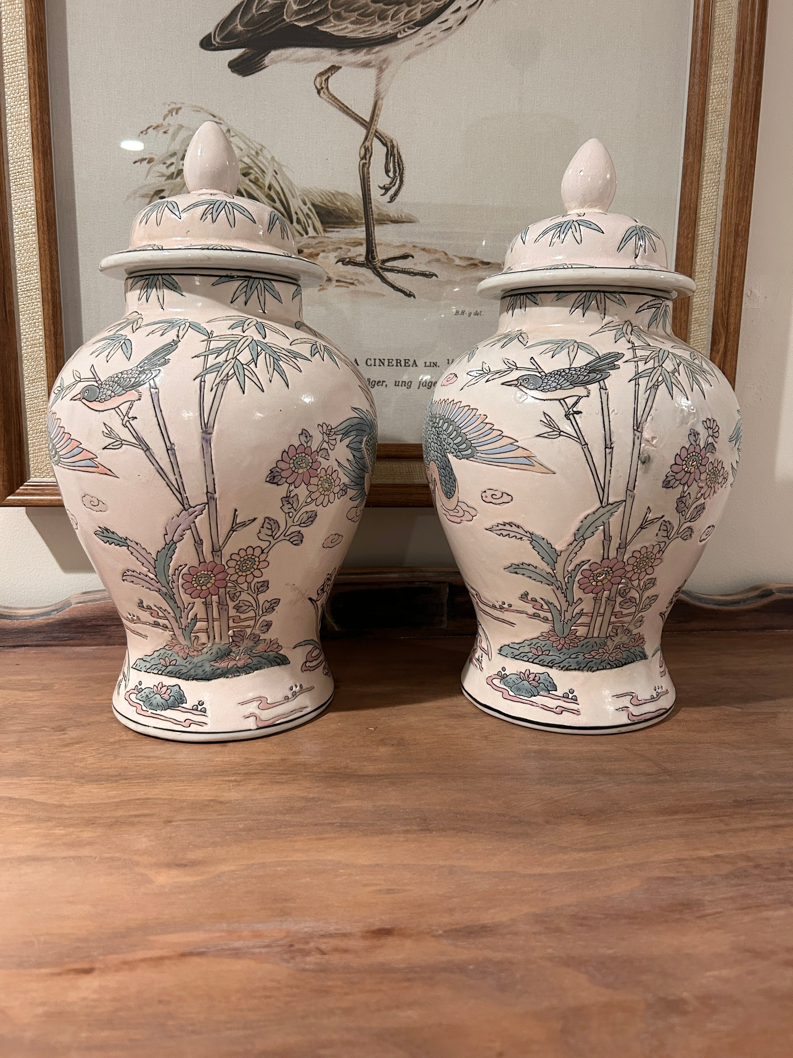 Vintage Pastel Bird and Floral Motif Ginger Jar Pair