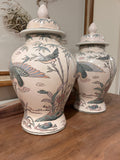 Vintage Pastel Bird and Floral Motif Ginger Jar Pair