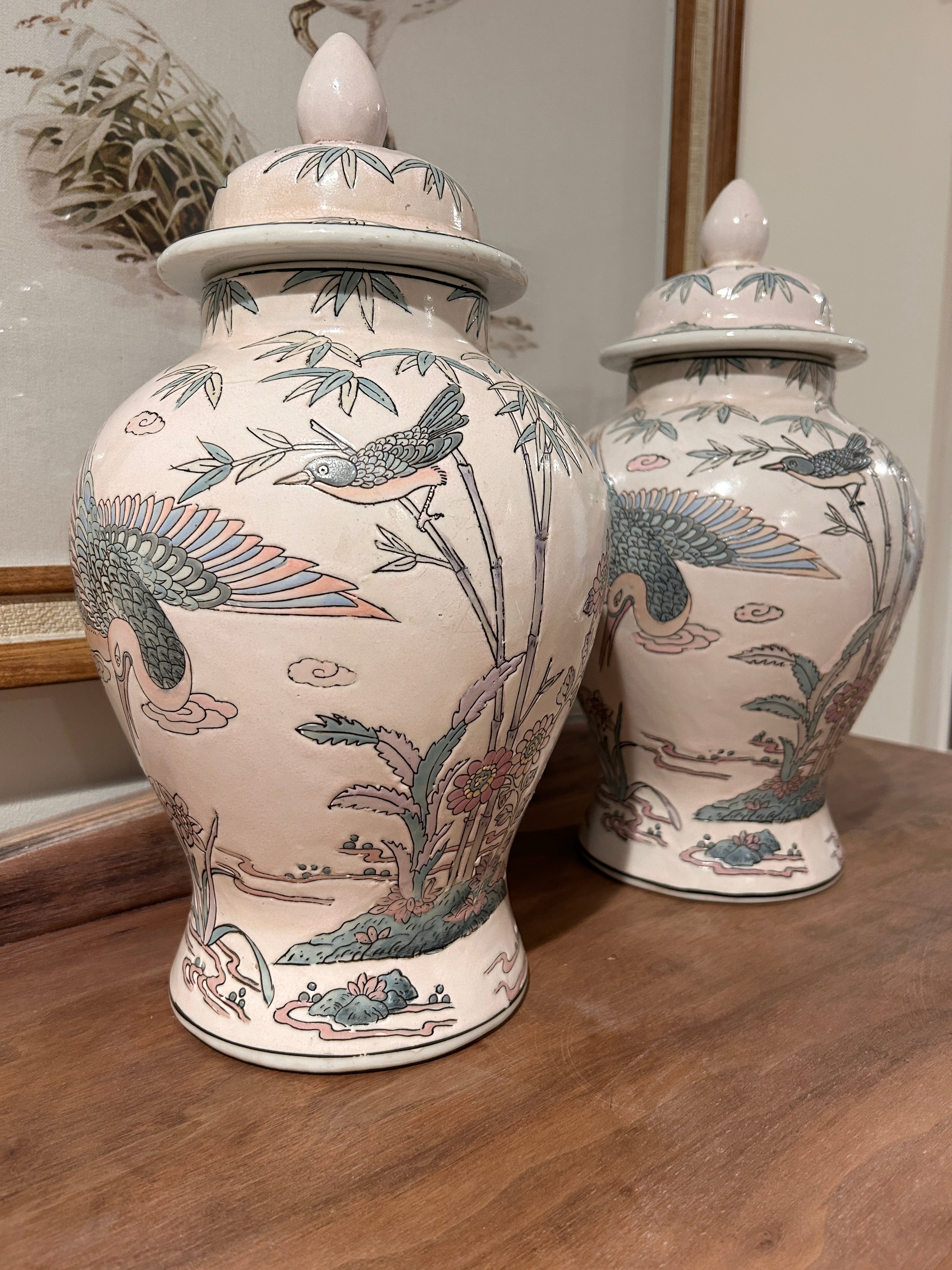 Vintage Pastel Bird and Floral Motif Ginger Jar Pair