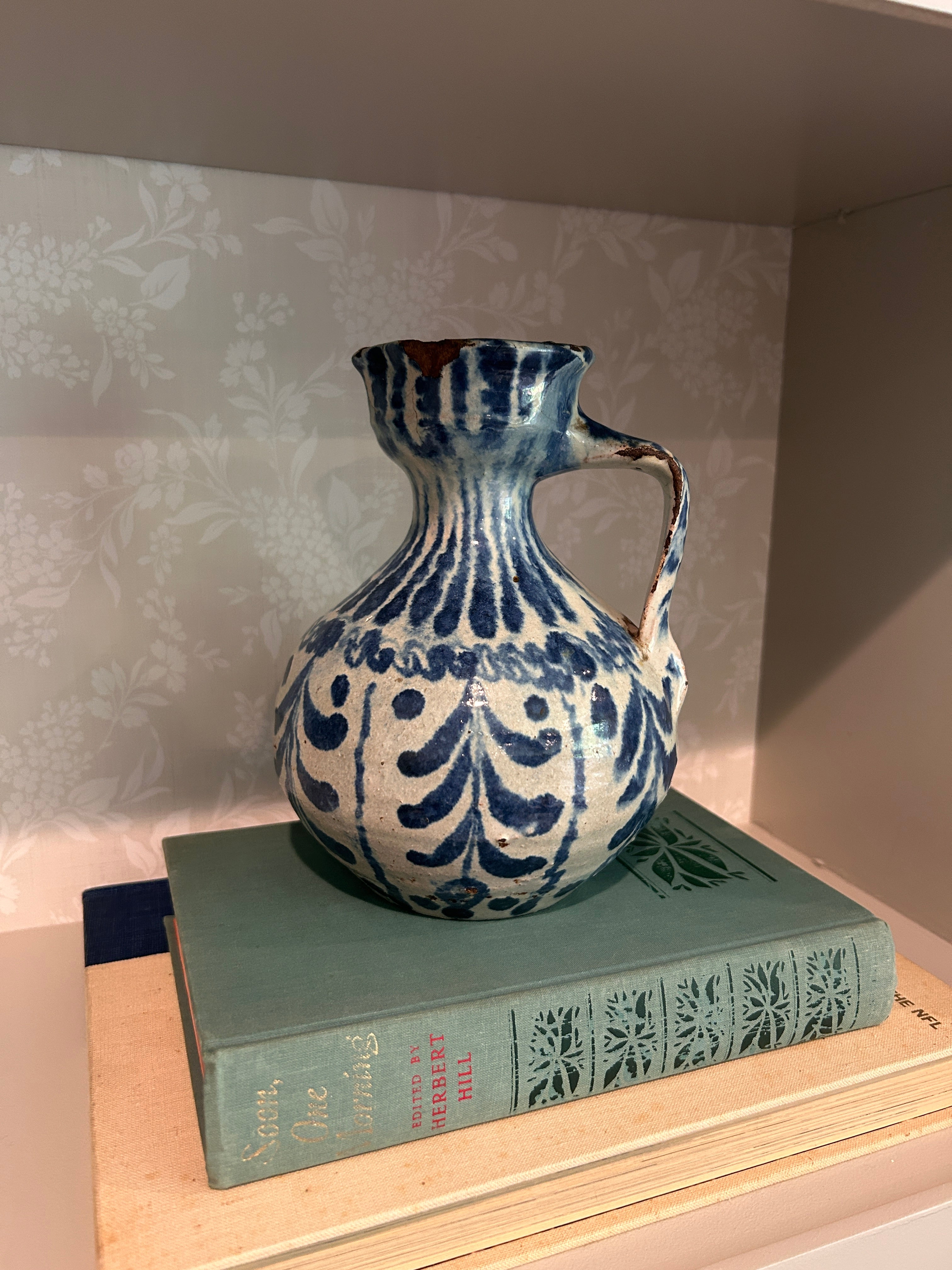 Vintage Fajalauza-Style Blue & White Earthenware Pitcher
