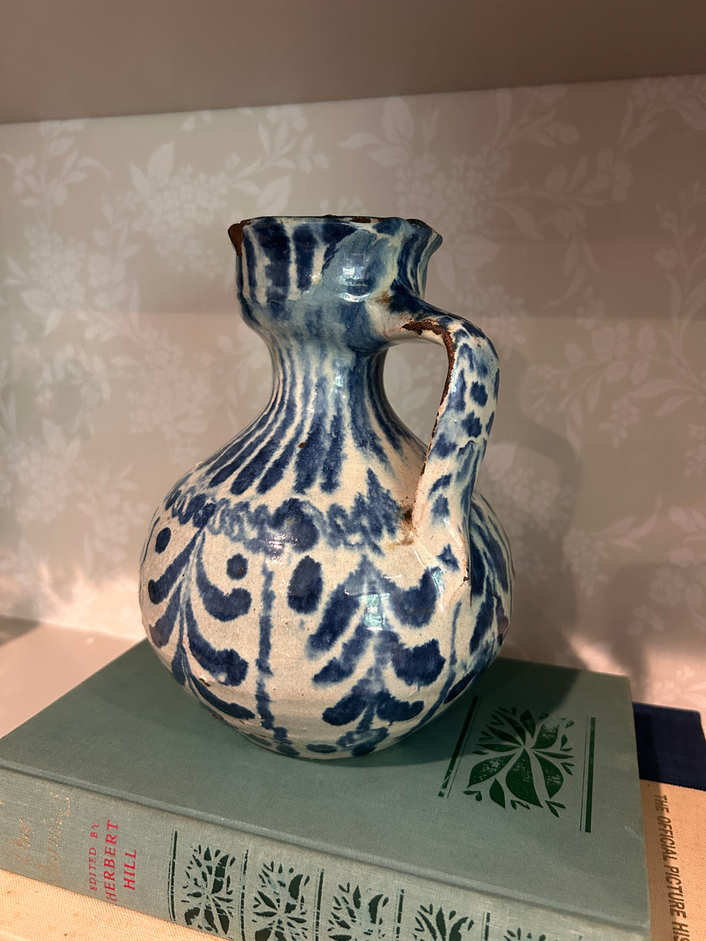 Vintage Fajalauza-Style Blue & White Earthenware Pitcher