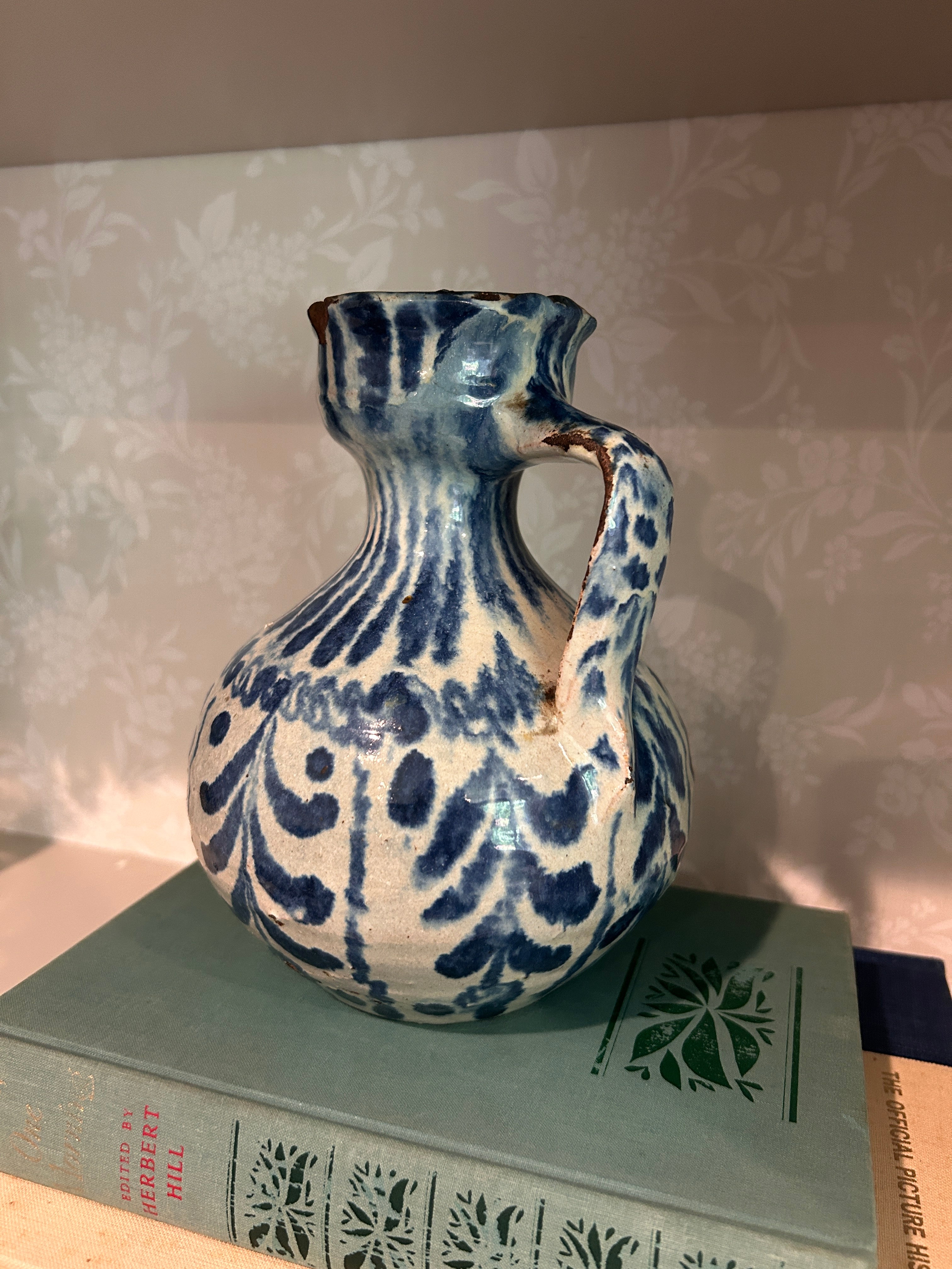 Vintage Fajalauza-Style Blue & White Earthenware Pitcher