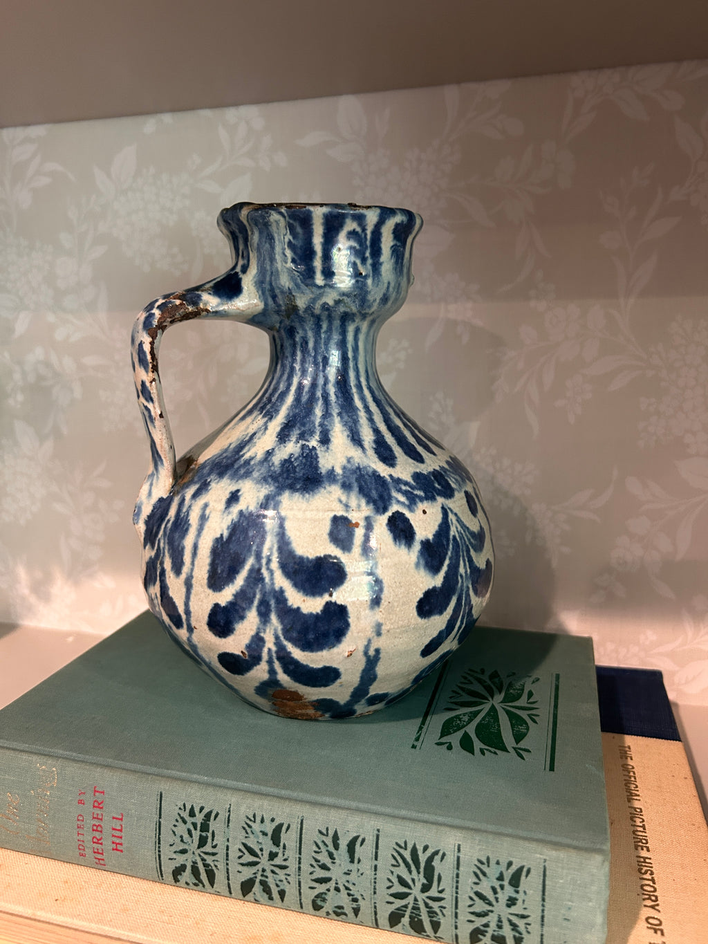Vintage Fajalauza-Style Blue & White Earthenware Pitcher