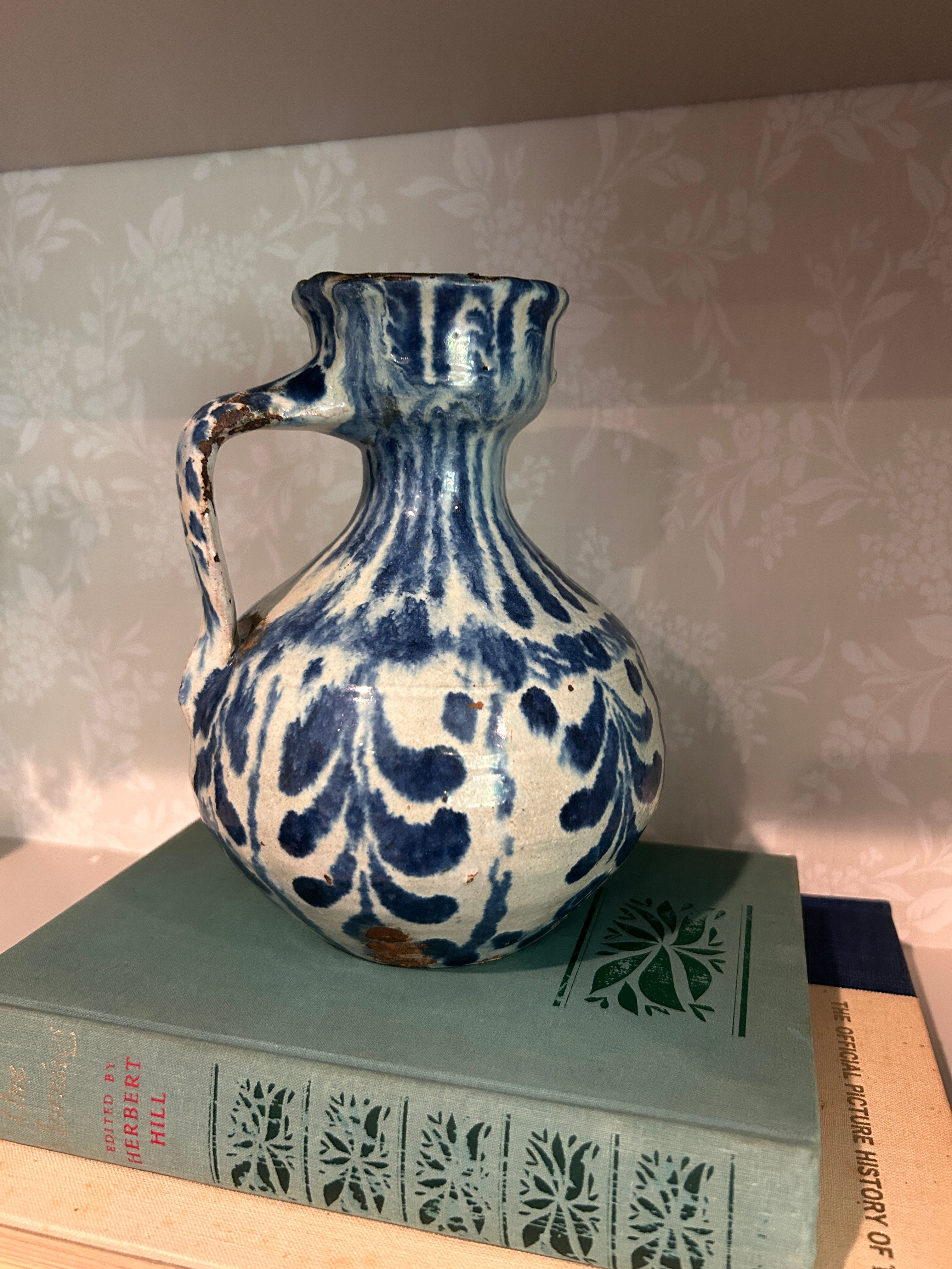 Vintage Fajalauza-Style Blue & White Earthenware Pitcher