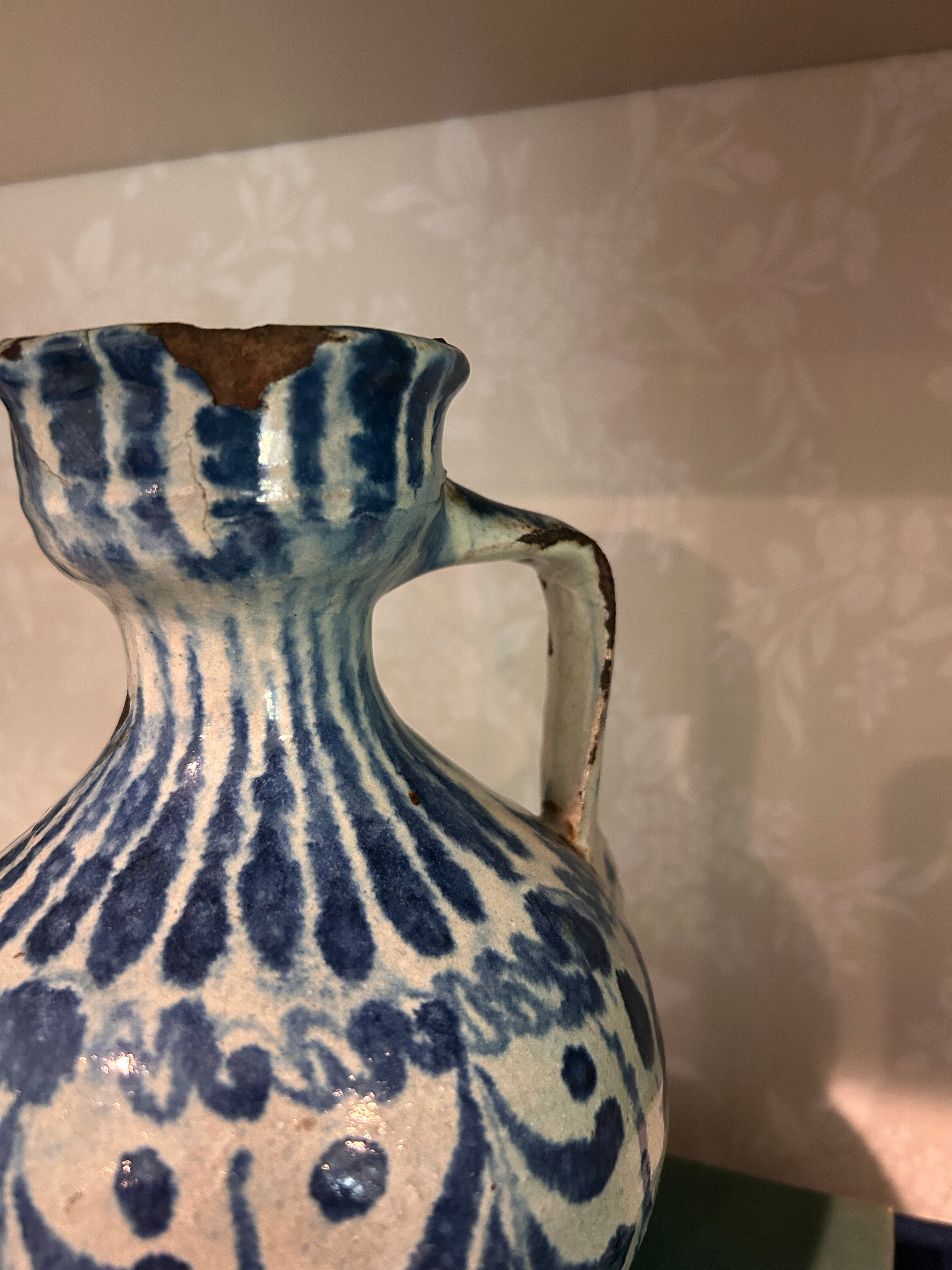 Vintage Fajalauza-Style Blue & White Earthenware Pitcher