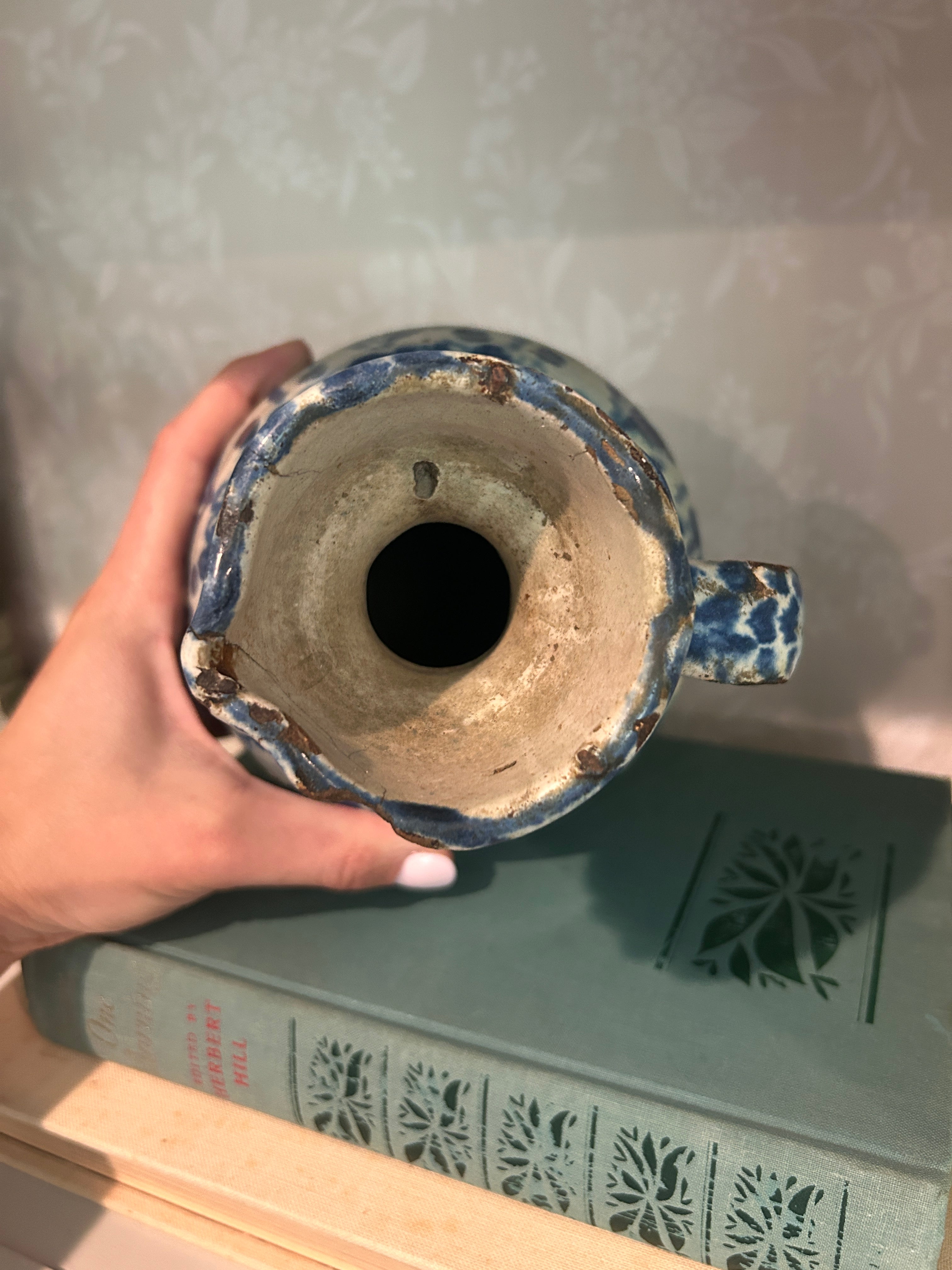 Vintage Fajalauza-Style Blue & White Earthenware Pitcher