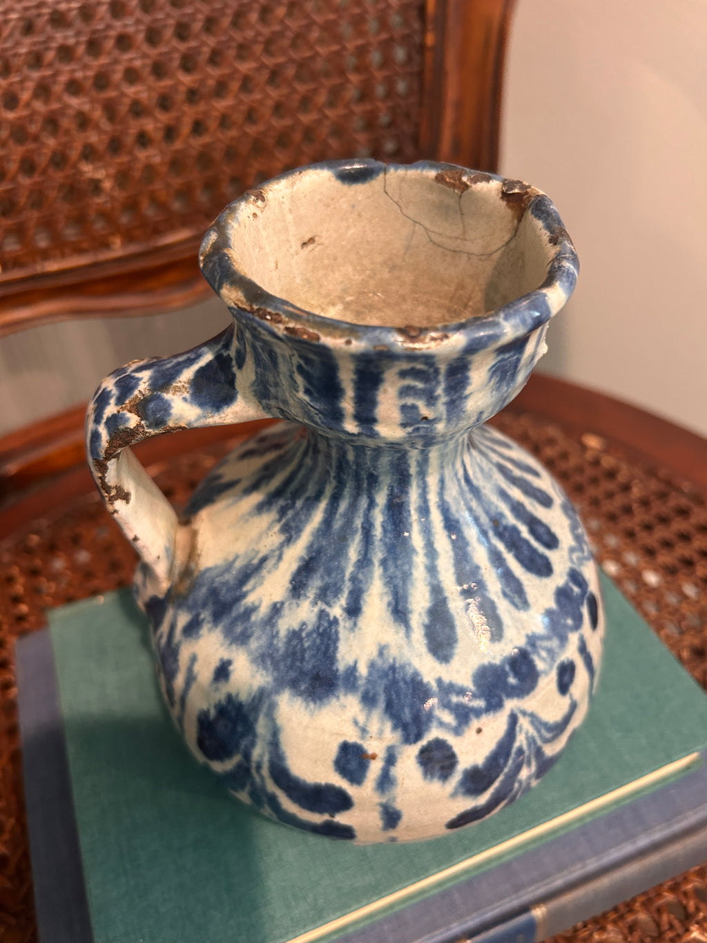 Vintage Fajalauza-Style Blue & White Earthenware Pitcher