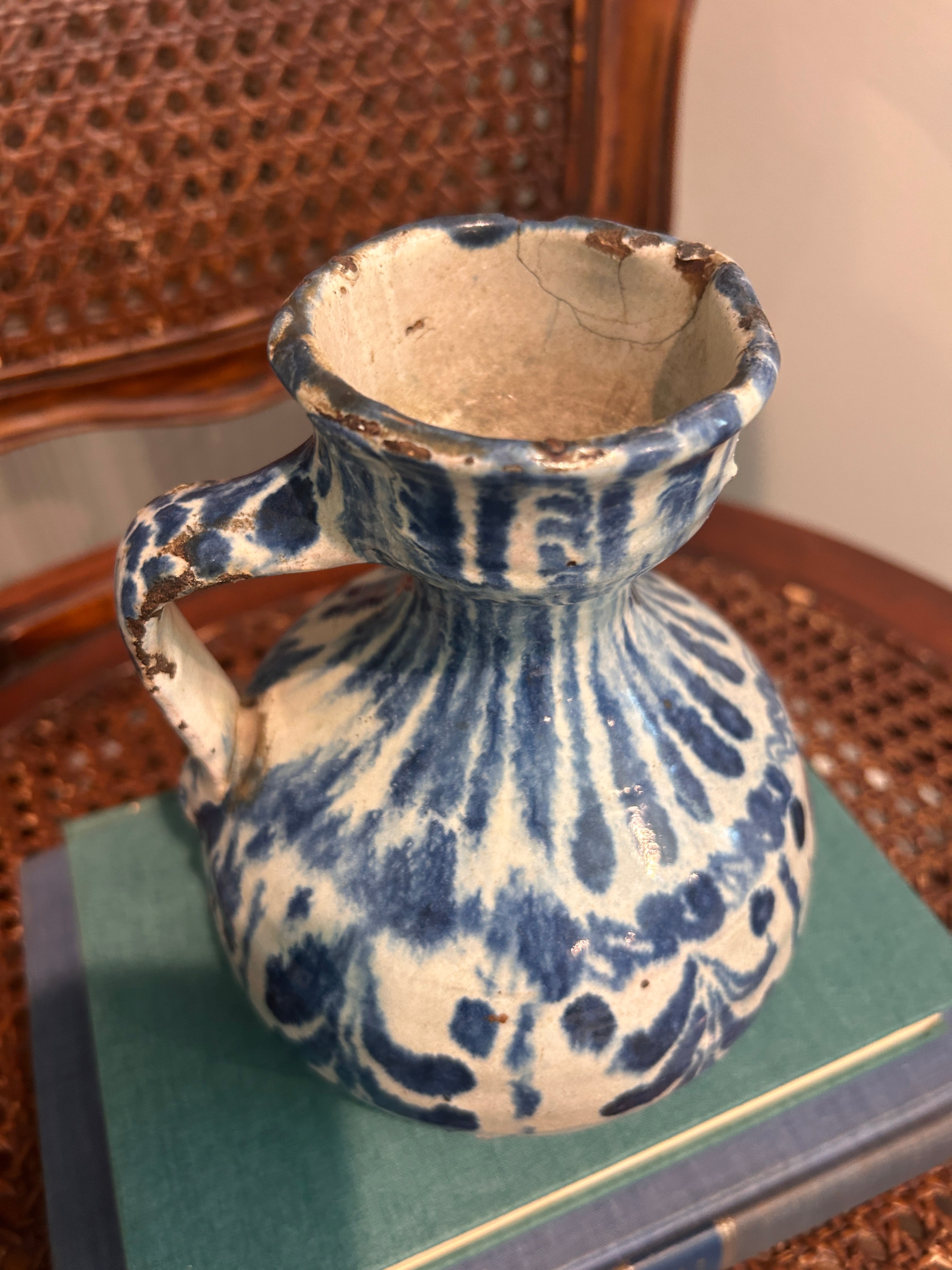 Vintage Fajalauza-Style Blue & White Earthenware Pitcher