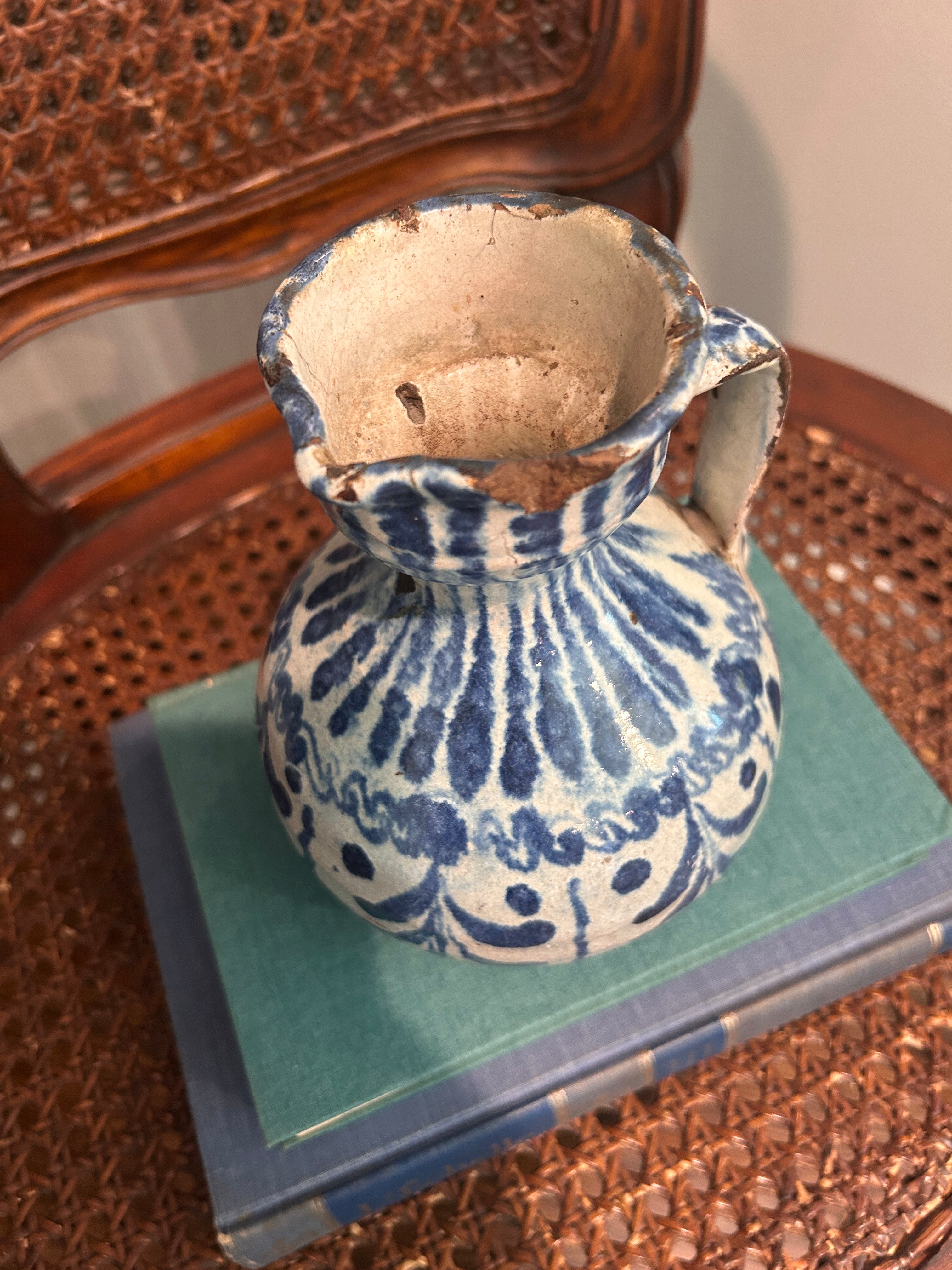 Vintage Fajalauza-Style Blue & White Earthenware Pitcher