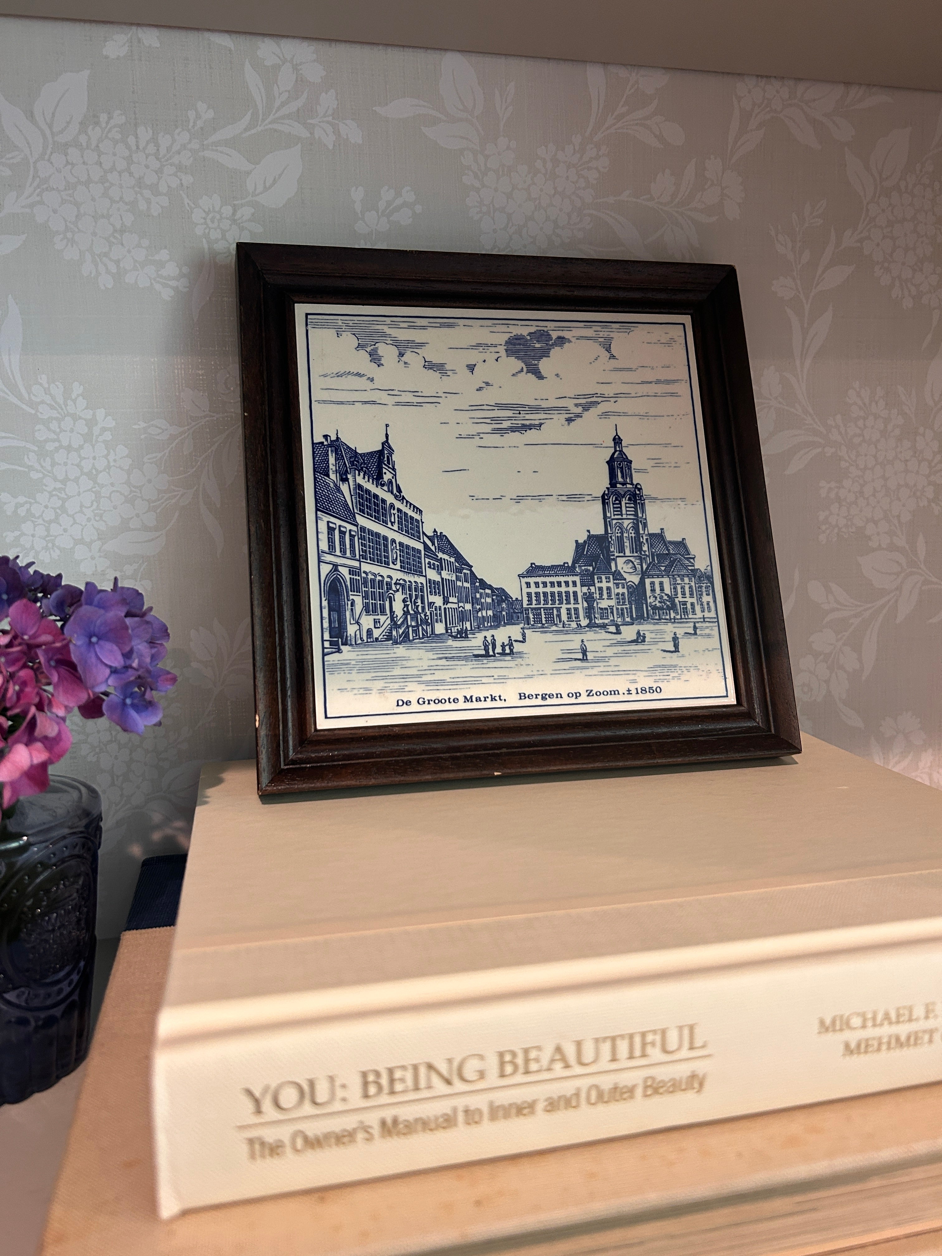 Vintage Framed Delft Ceramic Tile- Bergen op Zoom