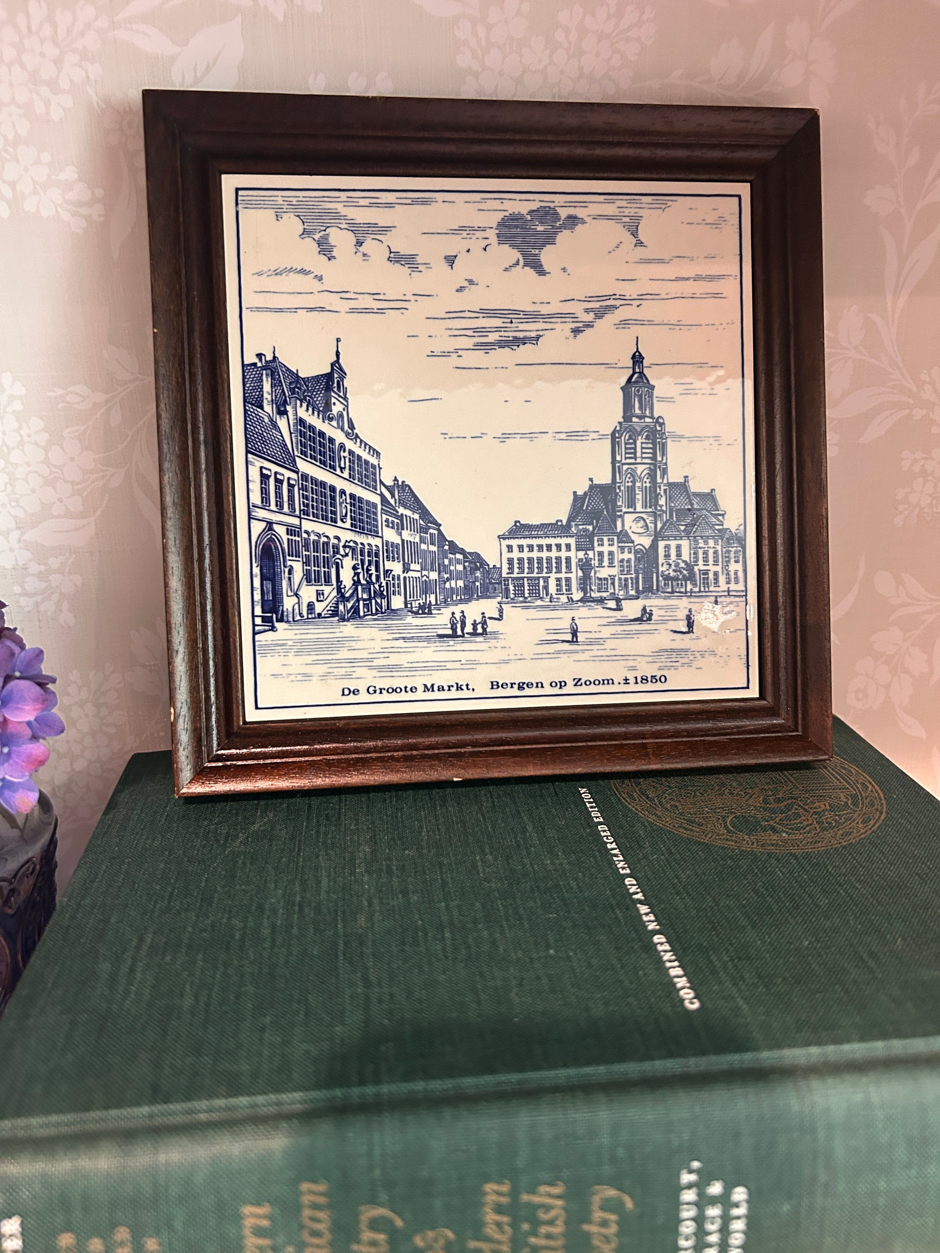 Vintage Framed Delft Ceramic Tile- Bergen op Zoom