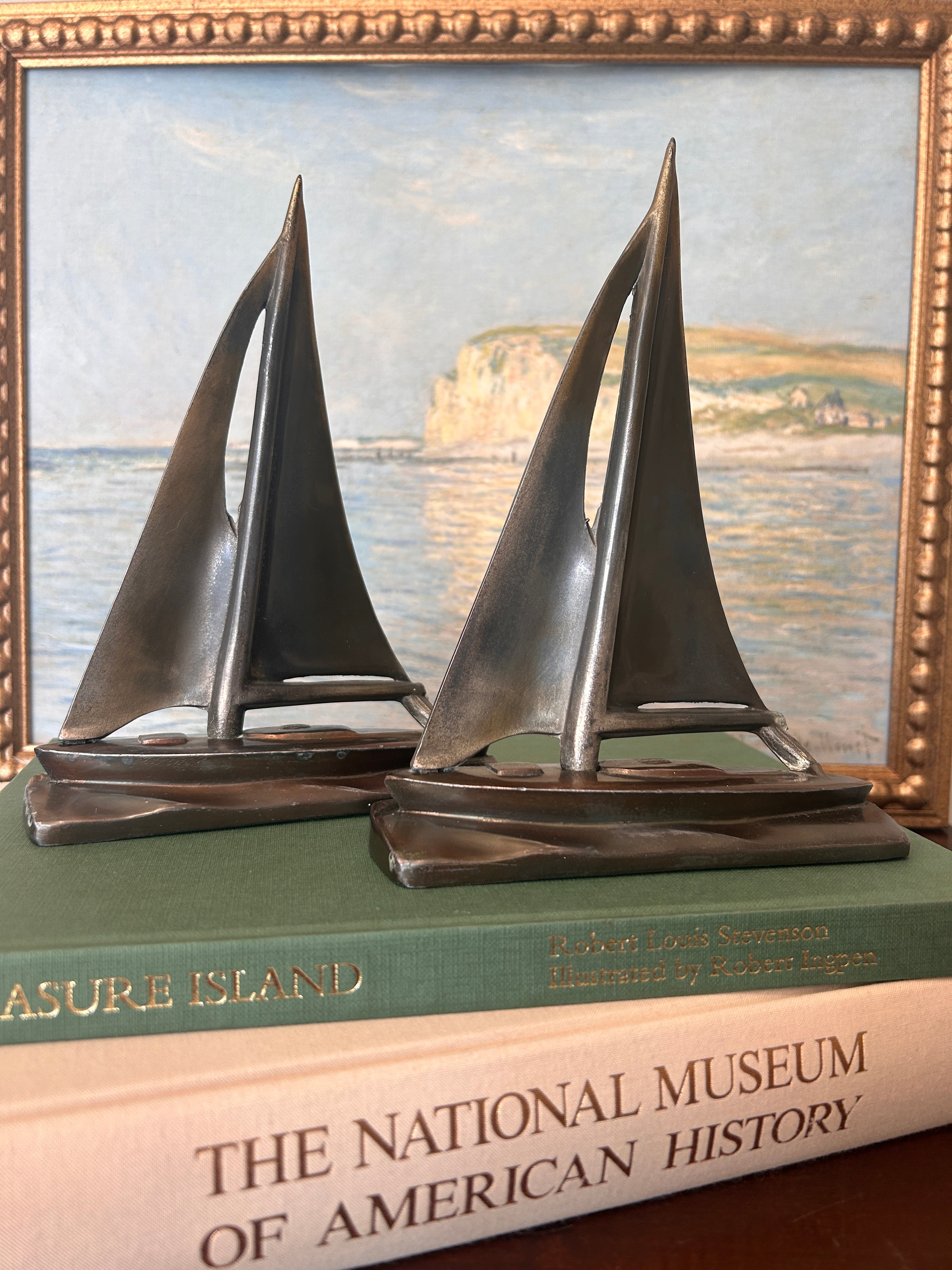 Vintage Bronzed Sailboat Bookend Pair