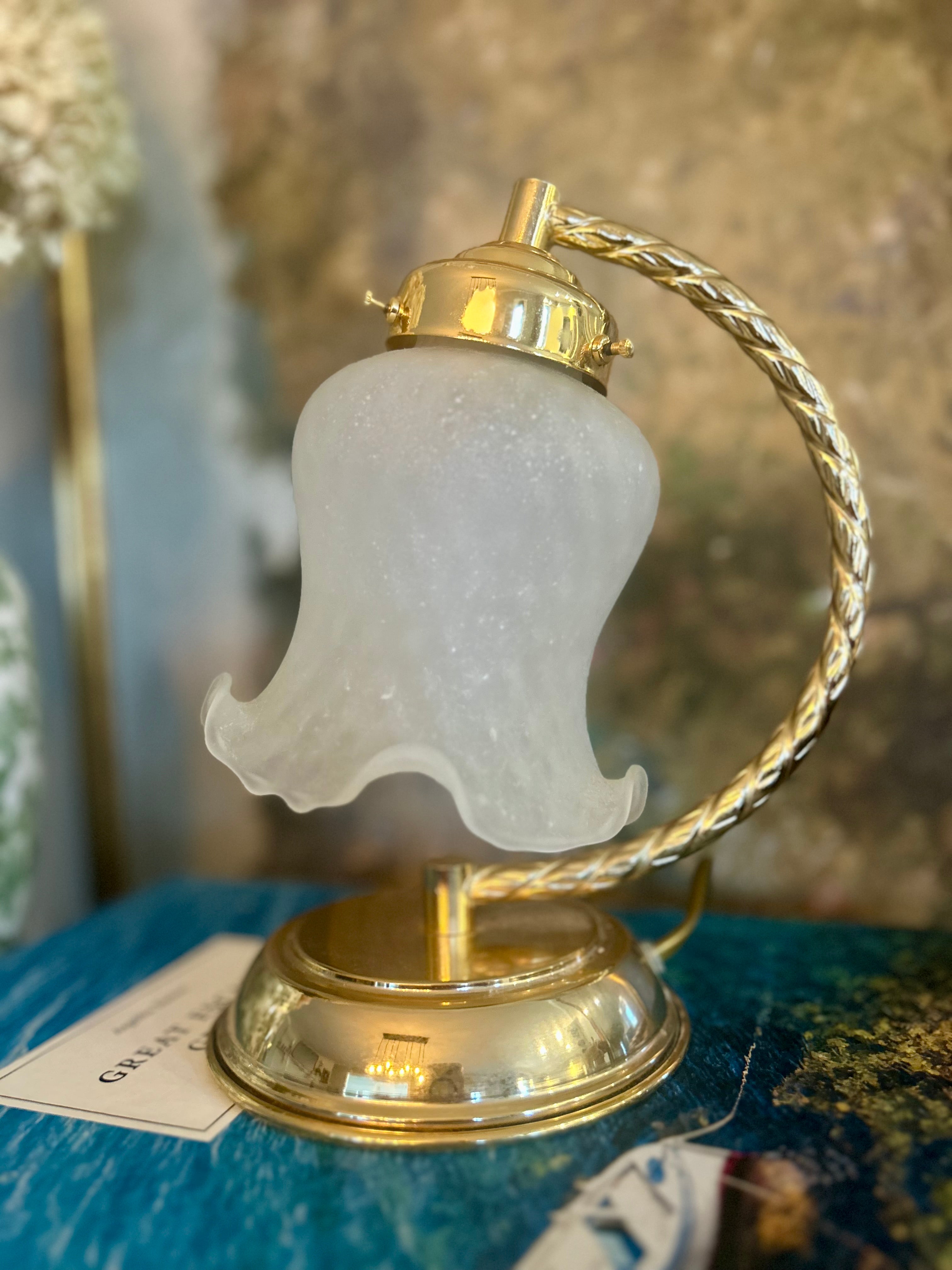 Vintage Brass Tulip Lamp with Frosted Glass Shade