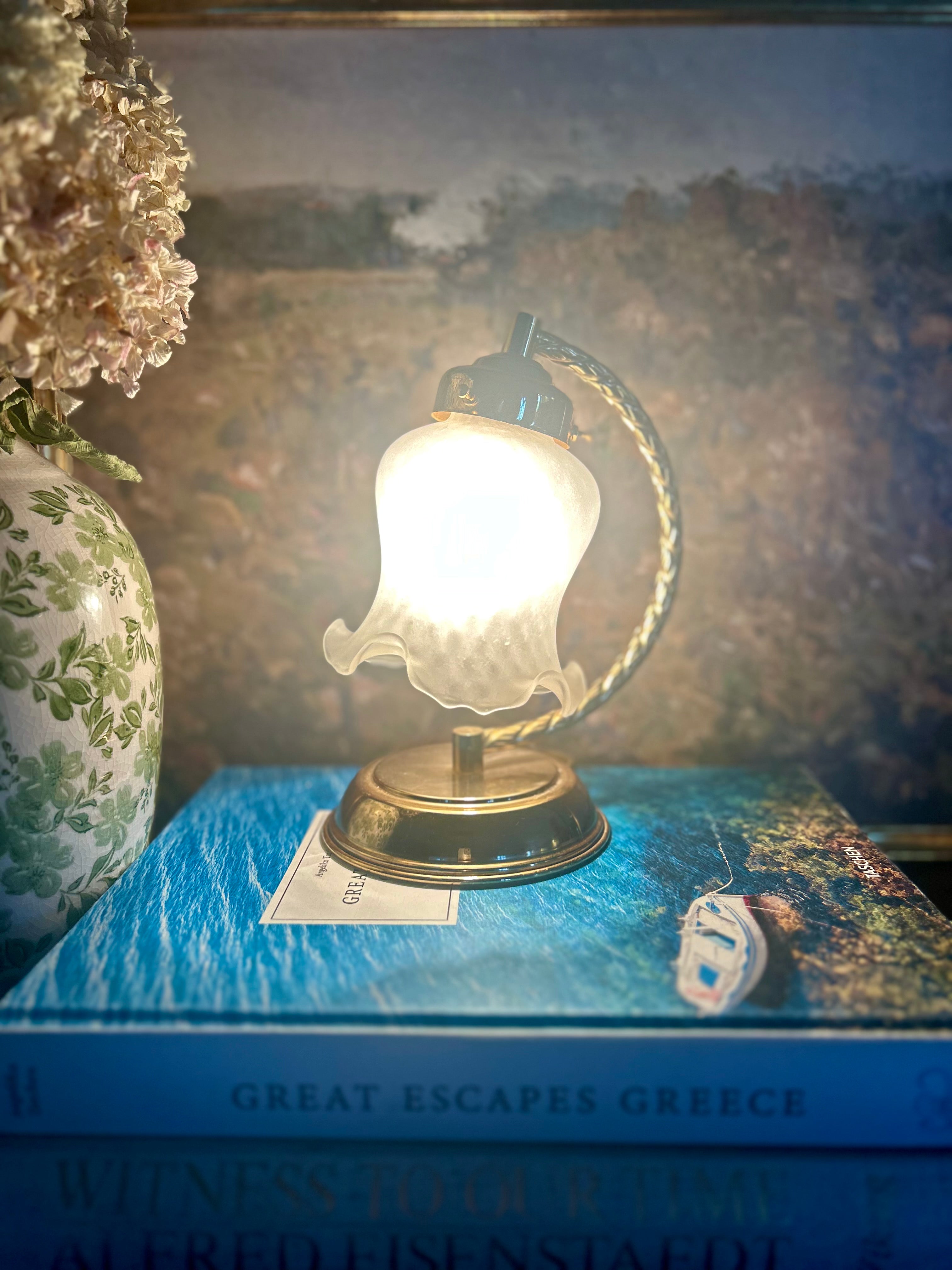 Vintage Brass Tulip Lamp with Frosted Glass Shade