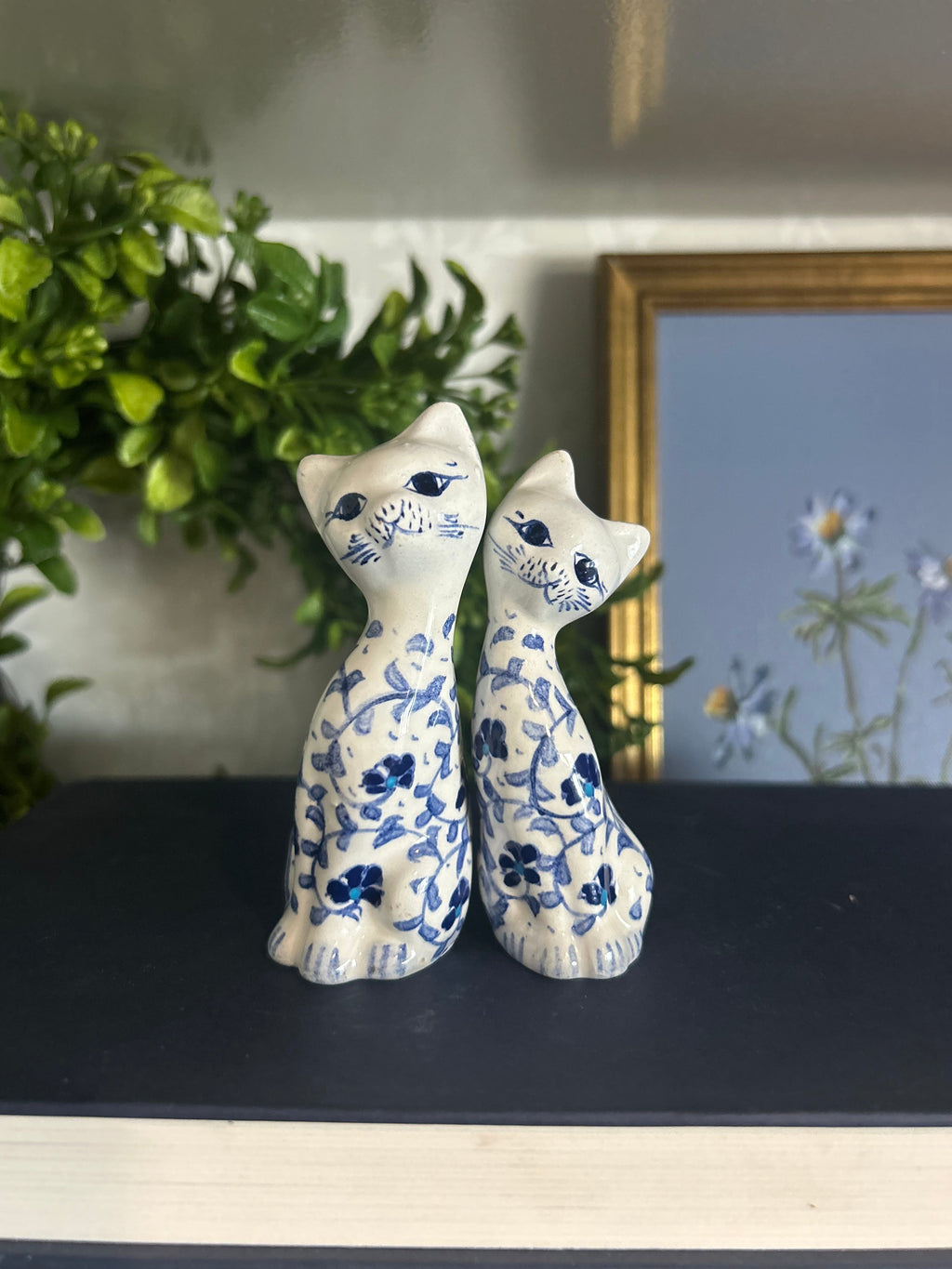 Vintage Blue and White Ceramic Cat Pair