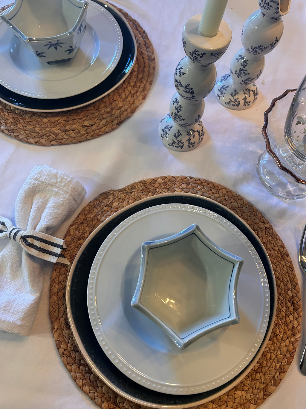Vintage Blue and White Bamboo Motif Bowls- Set of 6