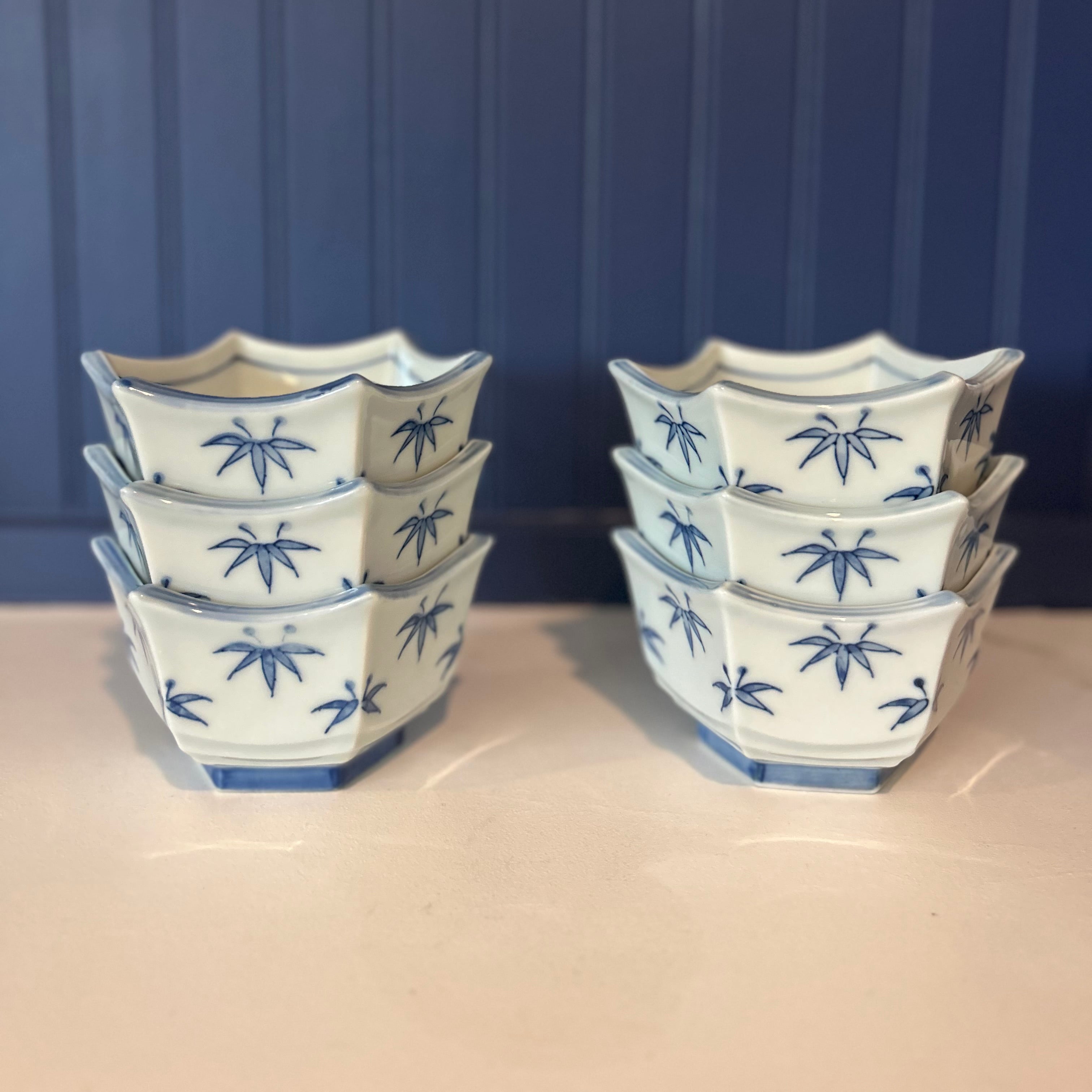 Vintage Blue and White Bamboo Motif Bowls- Set of 6