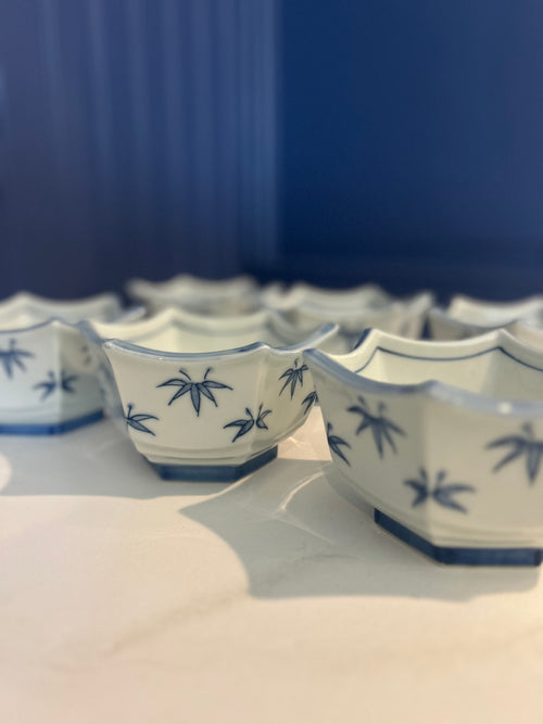 Vintage Blue and White Bamboo Motif Bowls- Set of 6