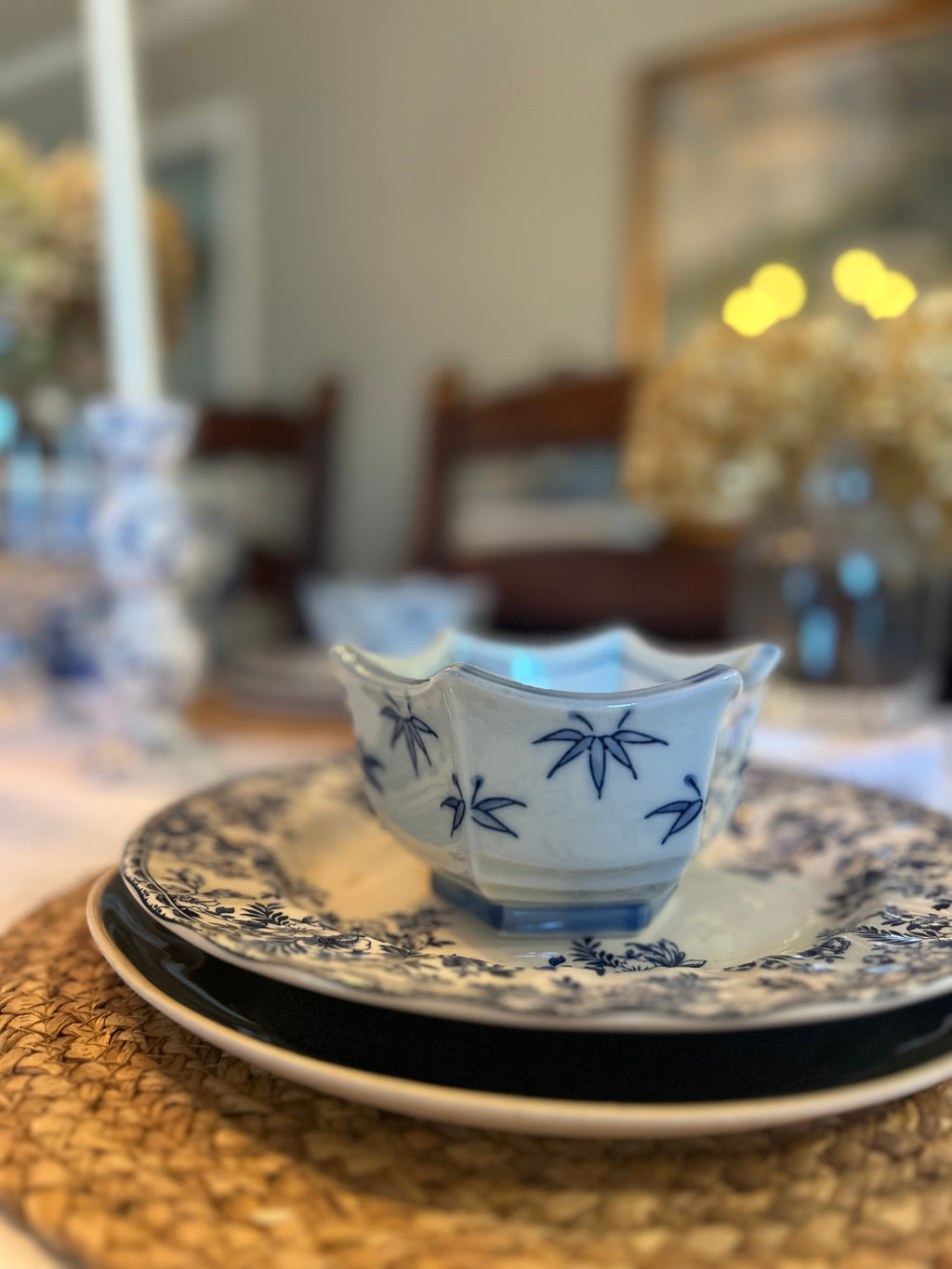 Vintage Blue and White Bamboo Motif Bowls- Set of 6