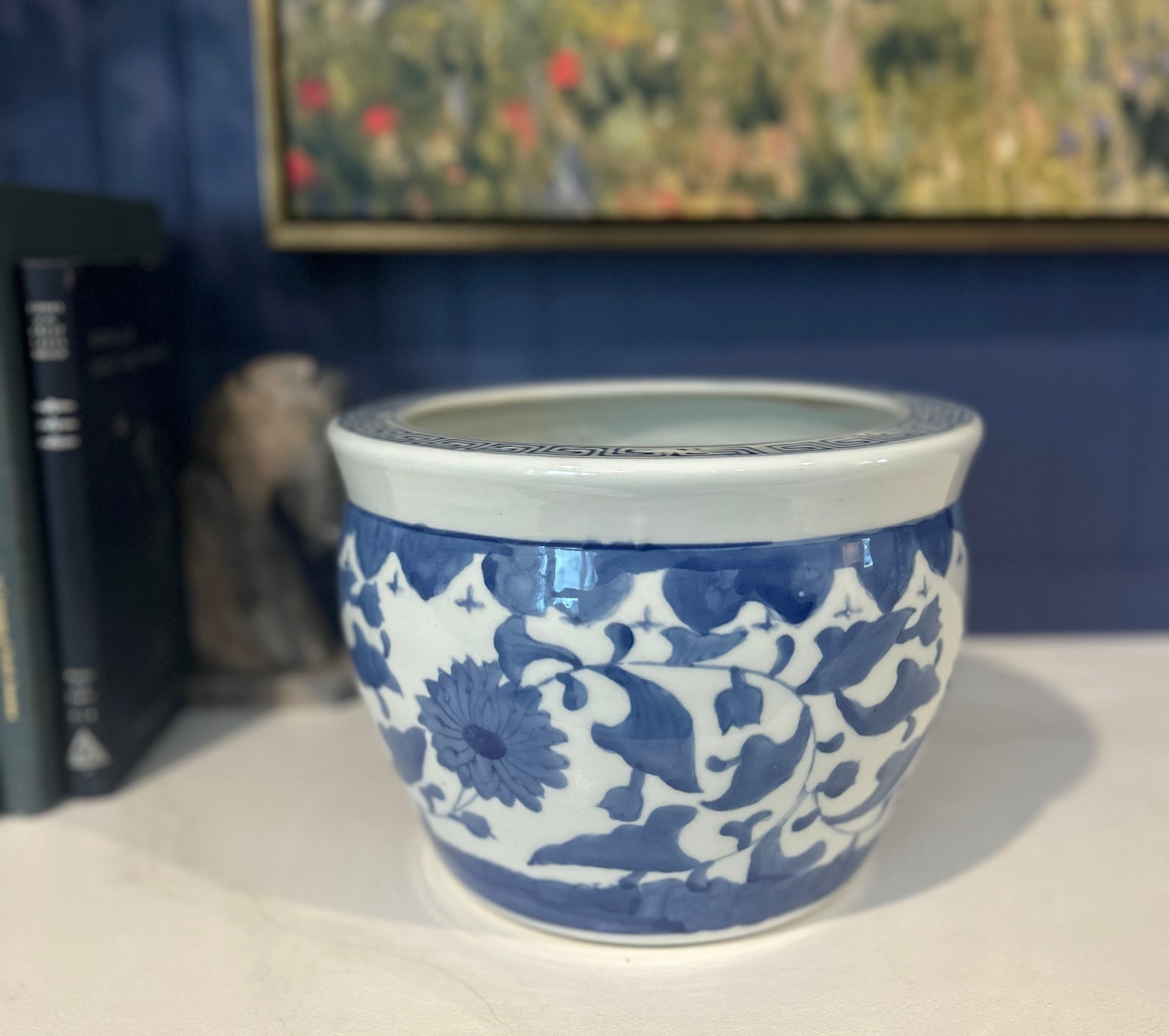 Vintage Blue and White Porcelain Ceramic Cachepot
