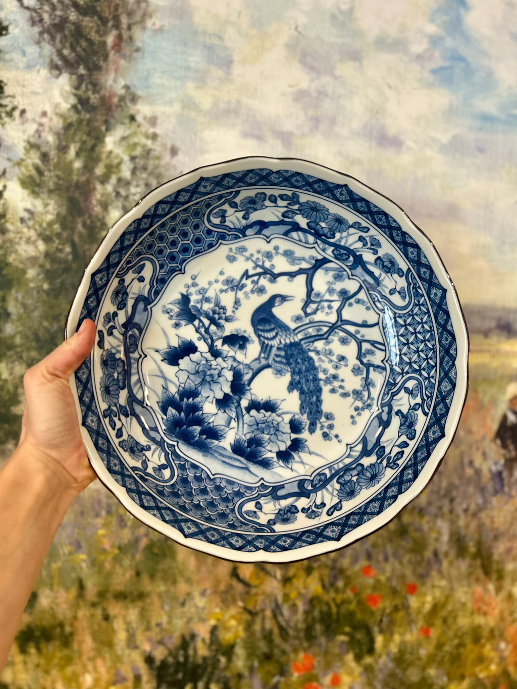 Vintage Blue and White Porcelain Peacock Bowl