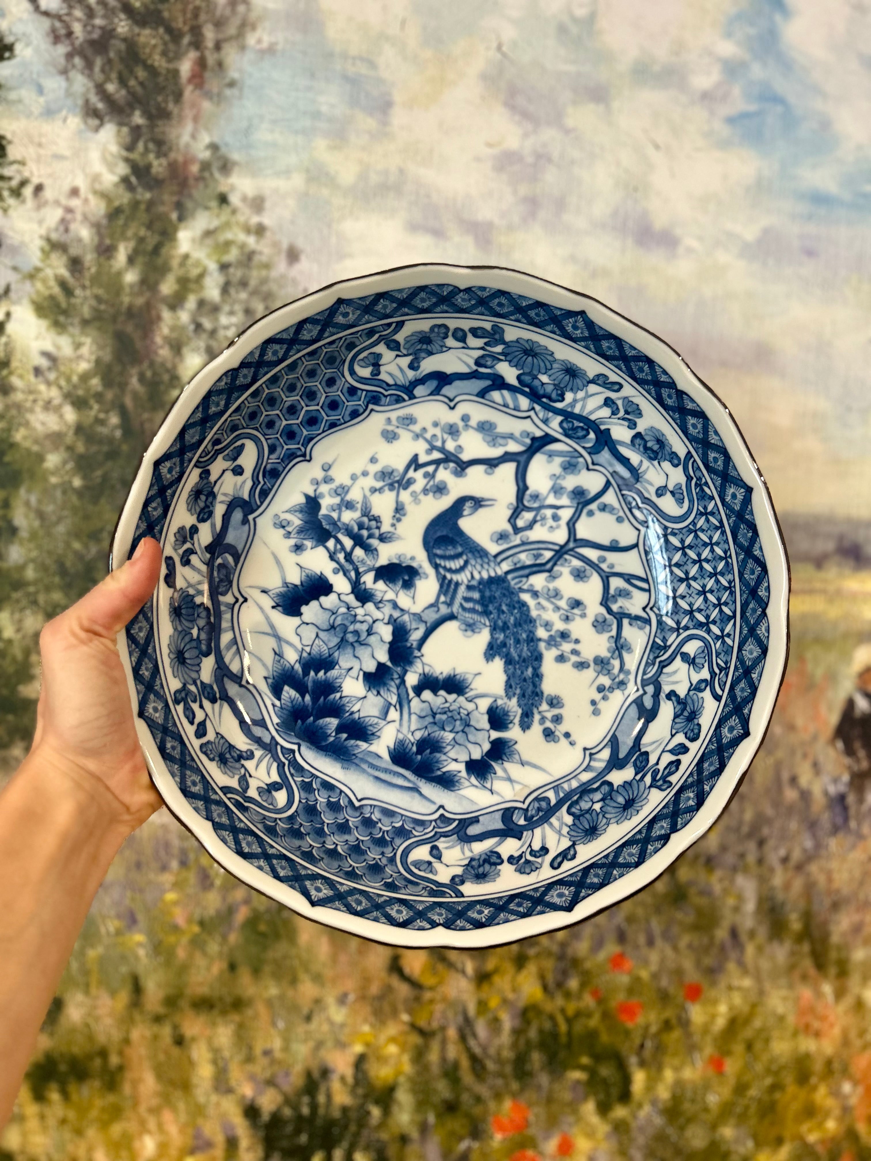 Vintage Blue and White Porcelain Peacock Bowl