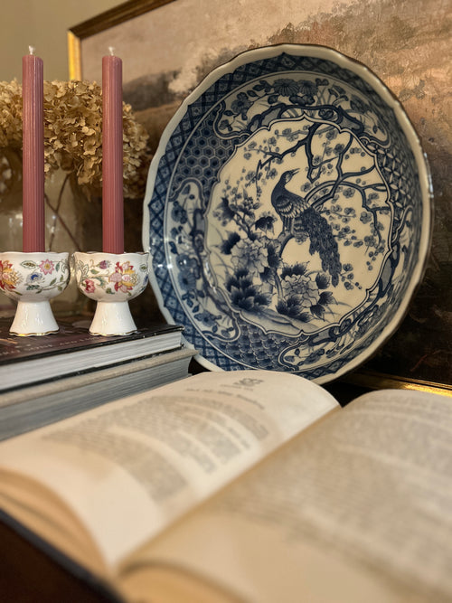 Vintage Blue and White Porcelain Peacock Bowl