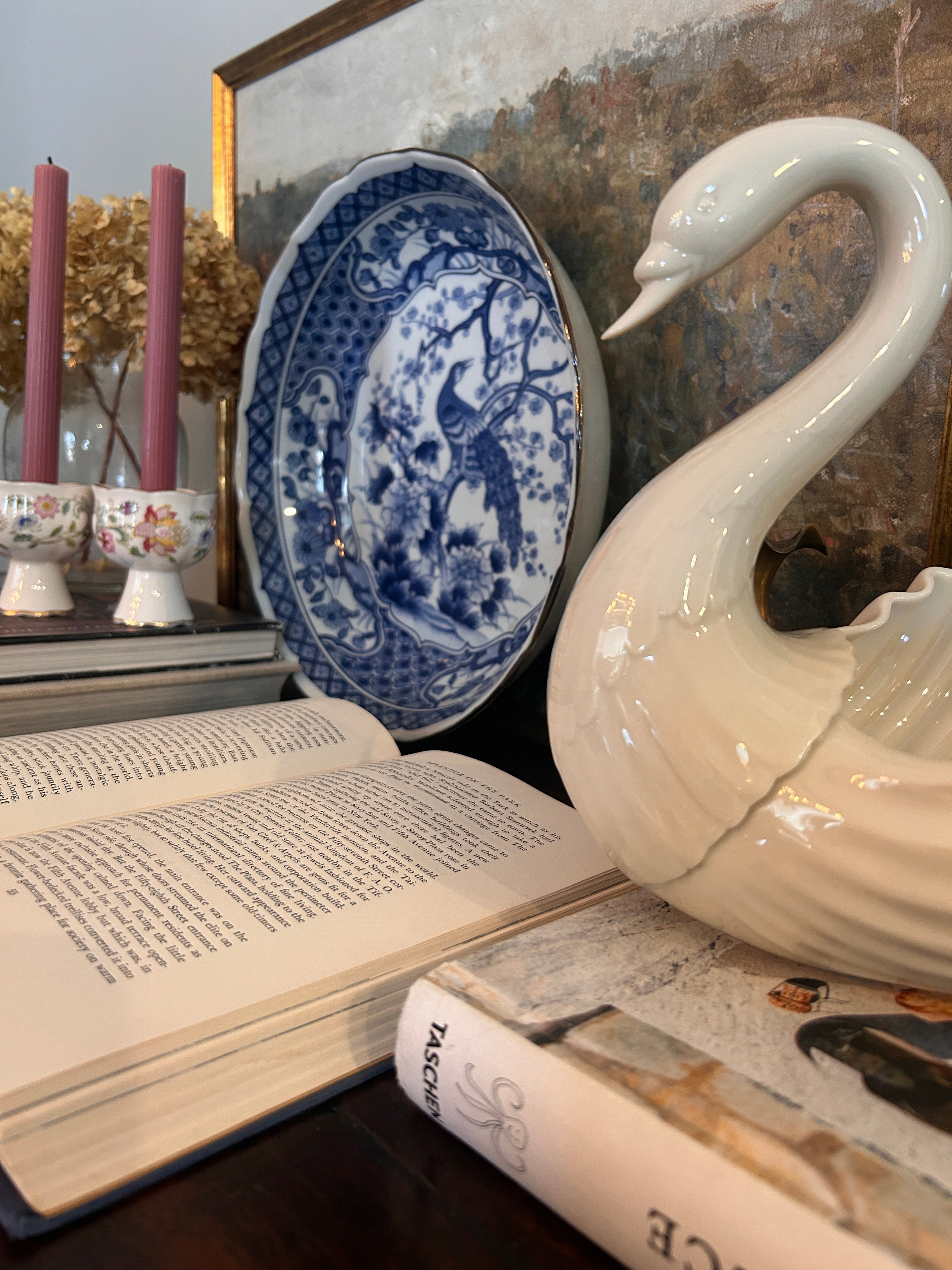 Vintage Blue and White Porcelain Peacock Bowl