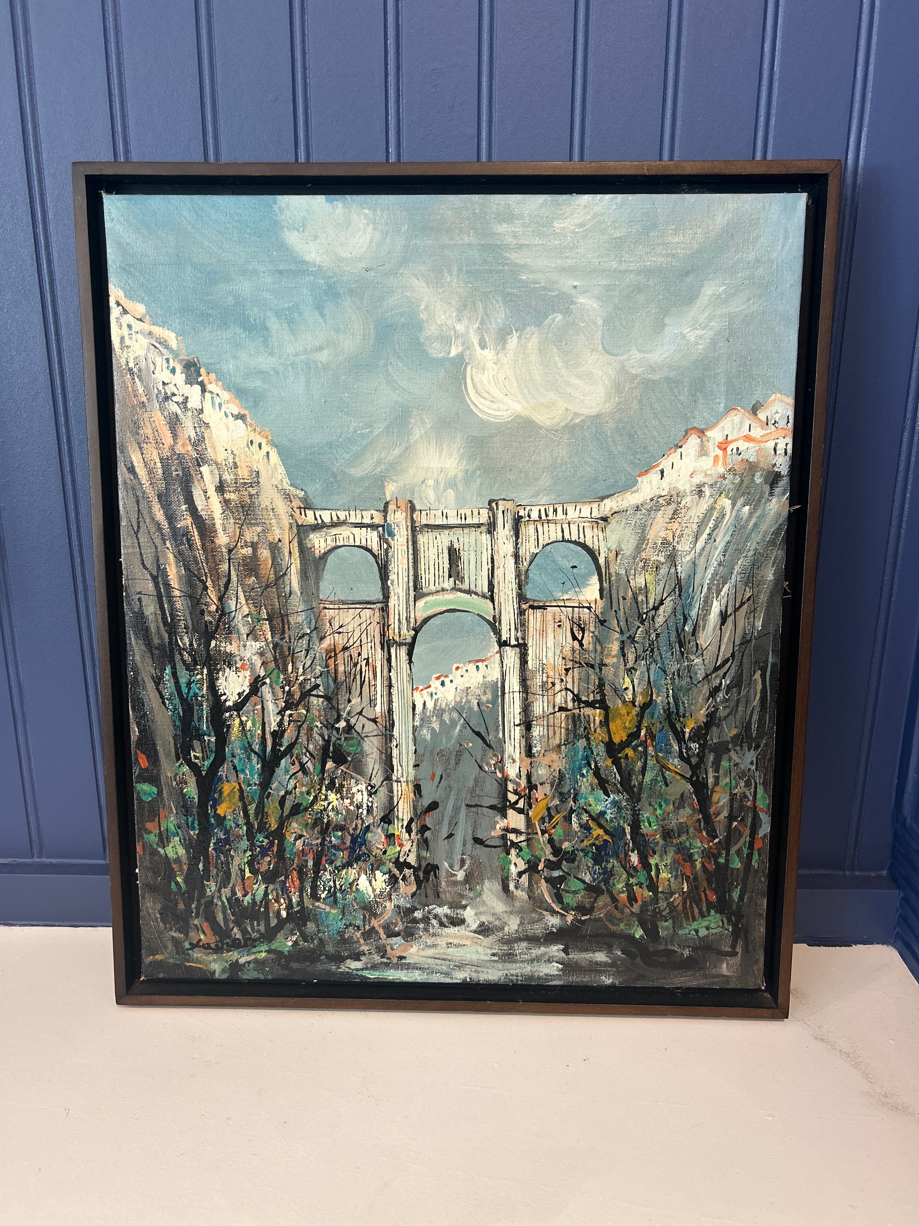 Vintage Signed Original European Bridge Landscape Oil Painting
