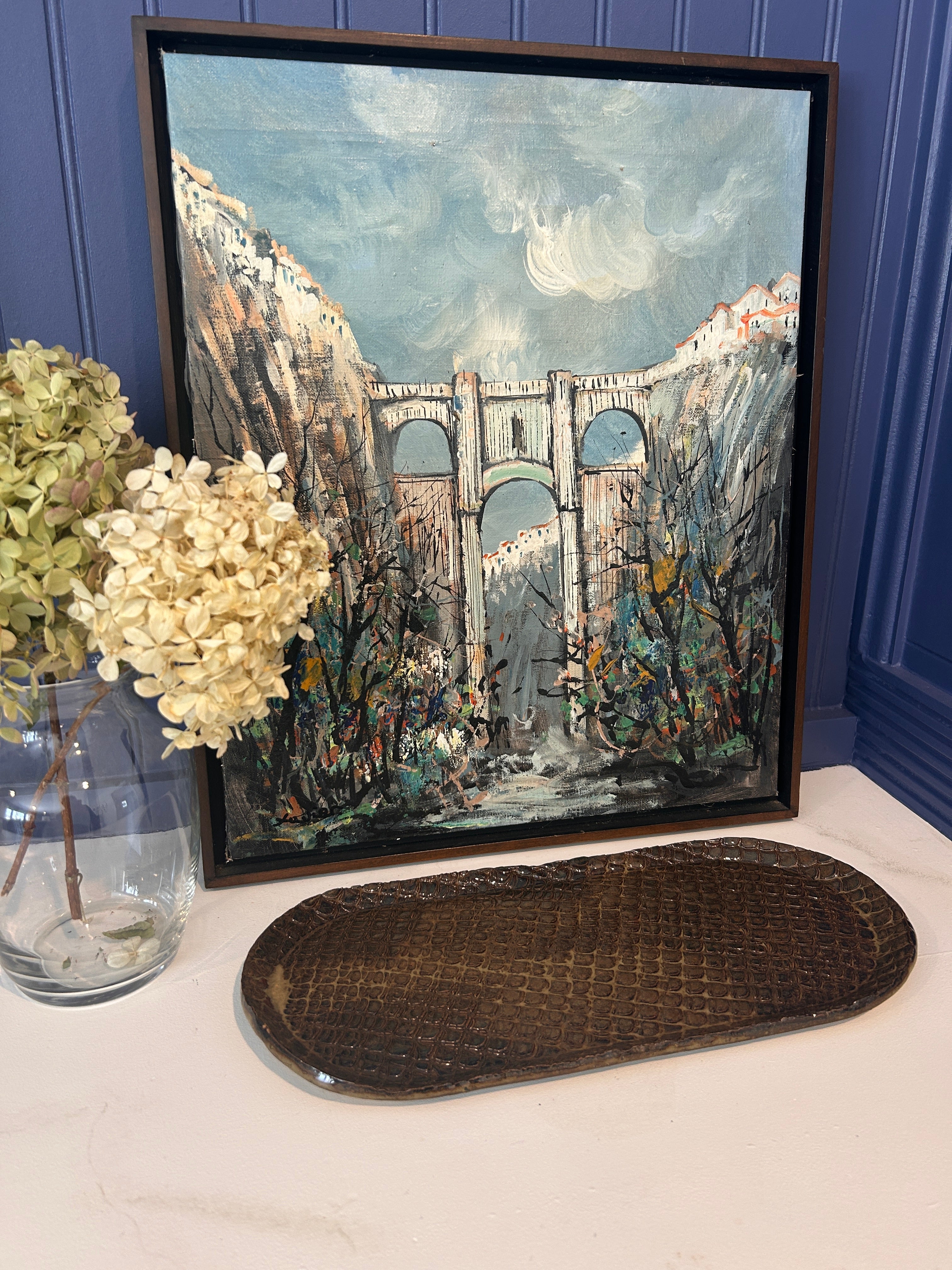 Vintage Signed Original European Bridge Landscape Oil Painting