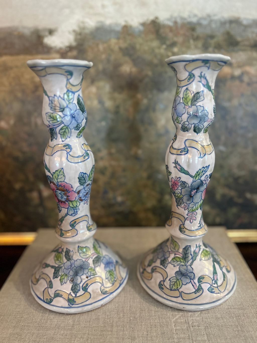 Vintage Floral Porcelain Candlestick Holders- Pair