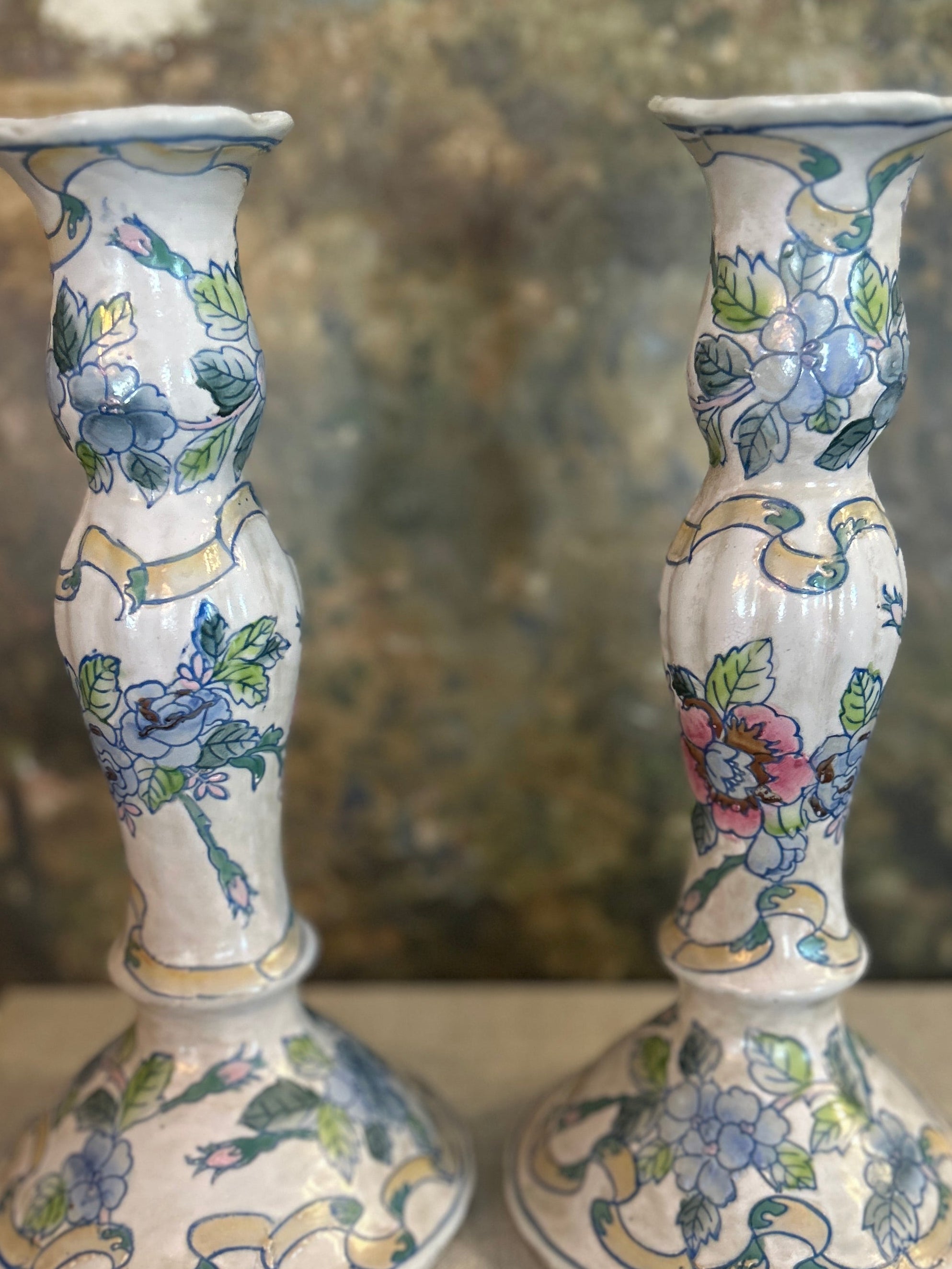 Vintage Floral Porcelain Candlestick Holders- Pair