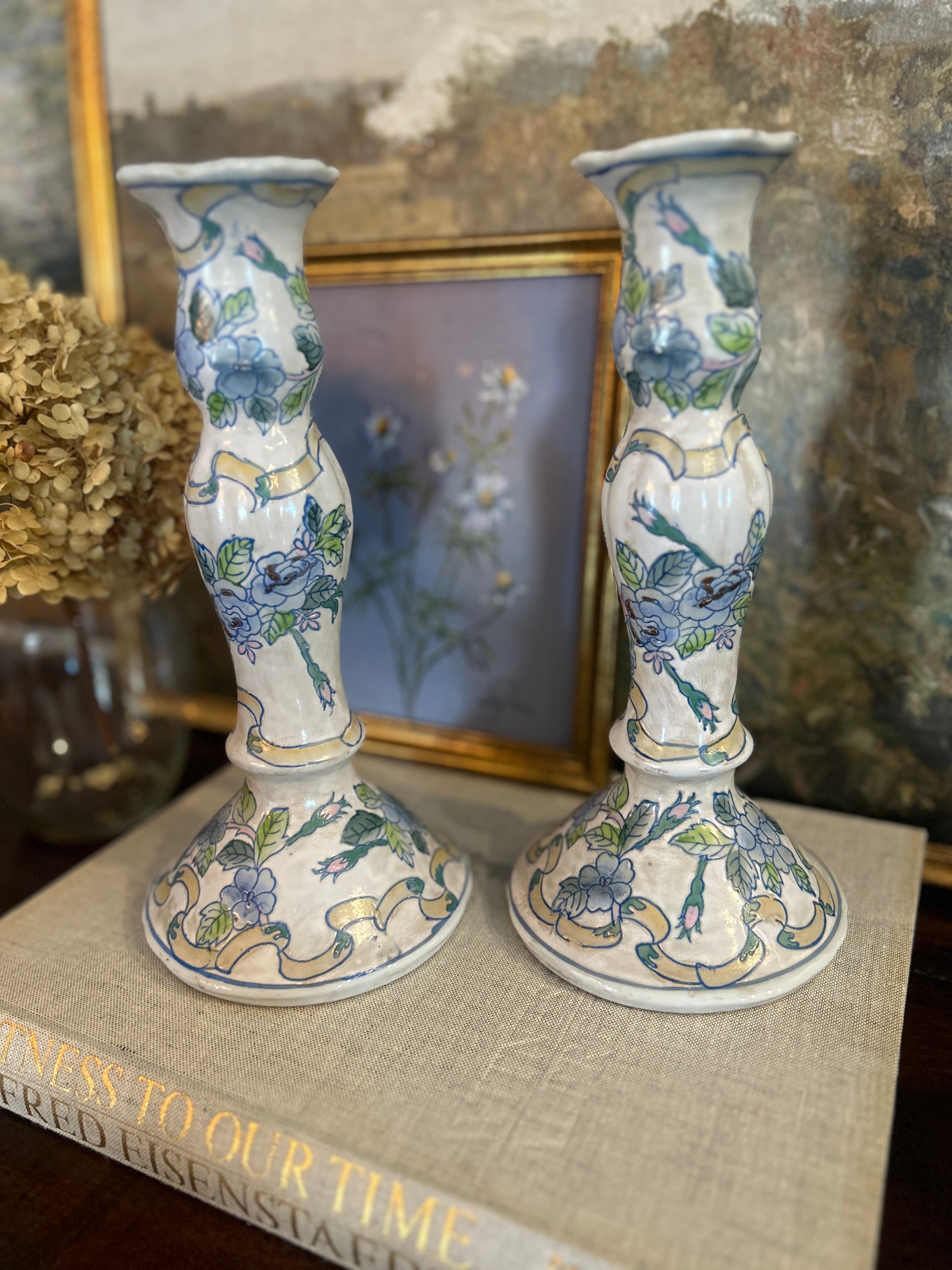 Vintage Floral Porcelain Candlestick Holders- Pair