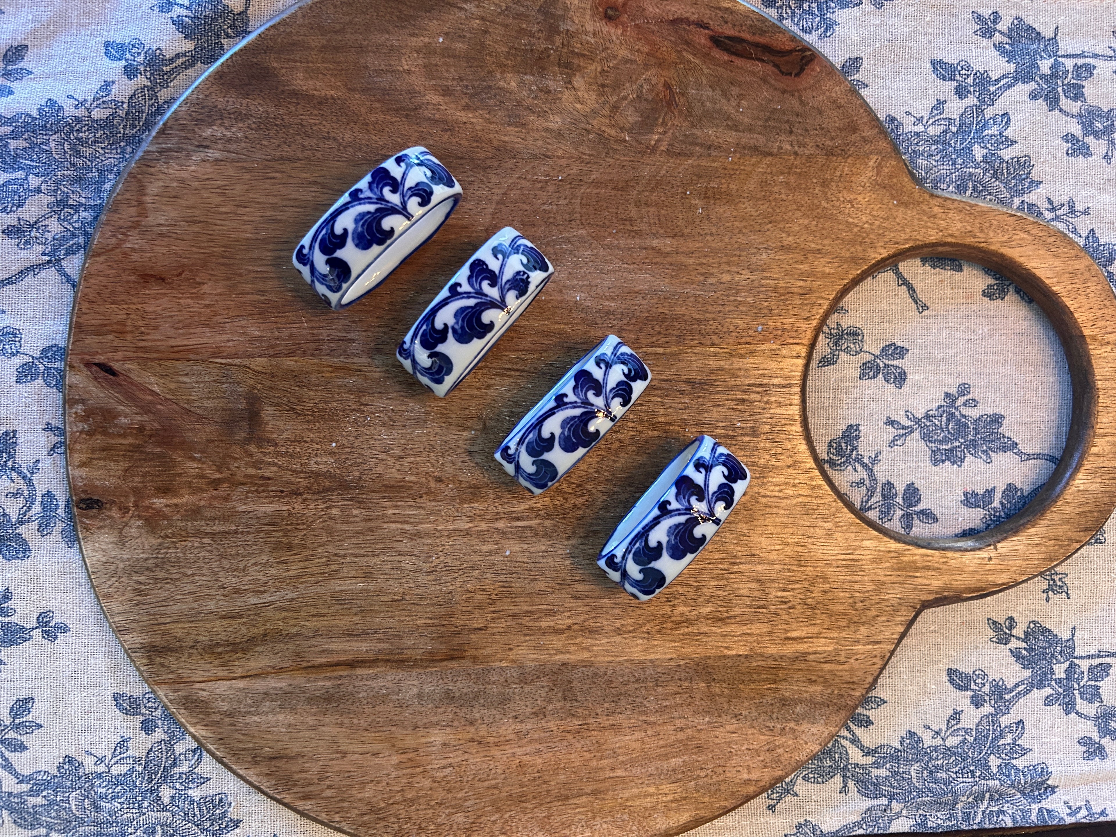 Vintage Blue and white Porcelain Napkin Rings- Set of 4