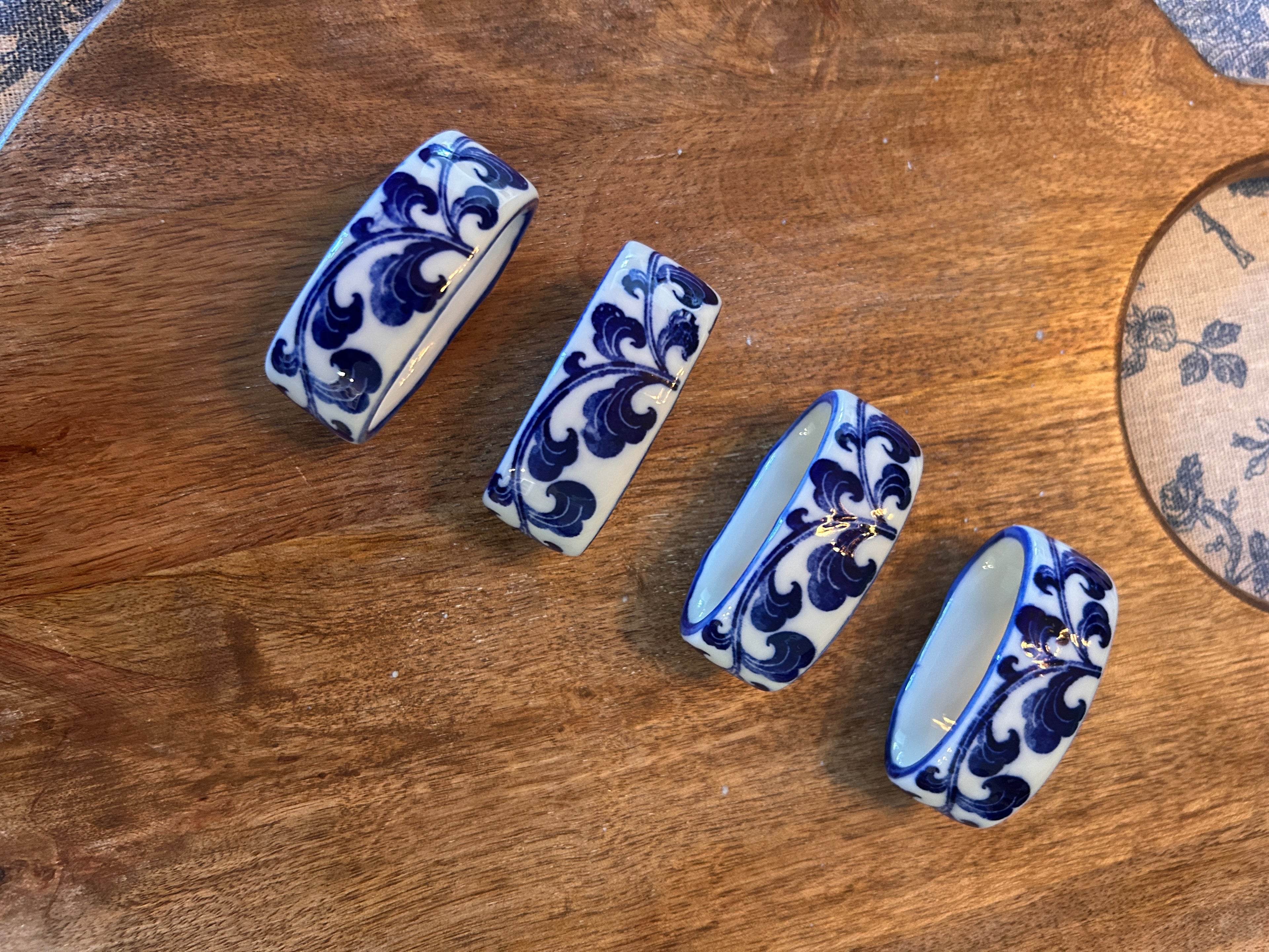 Vintage Blue and white Porcelain Napkin Rings- Set of 4