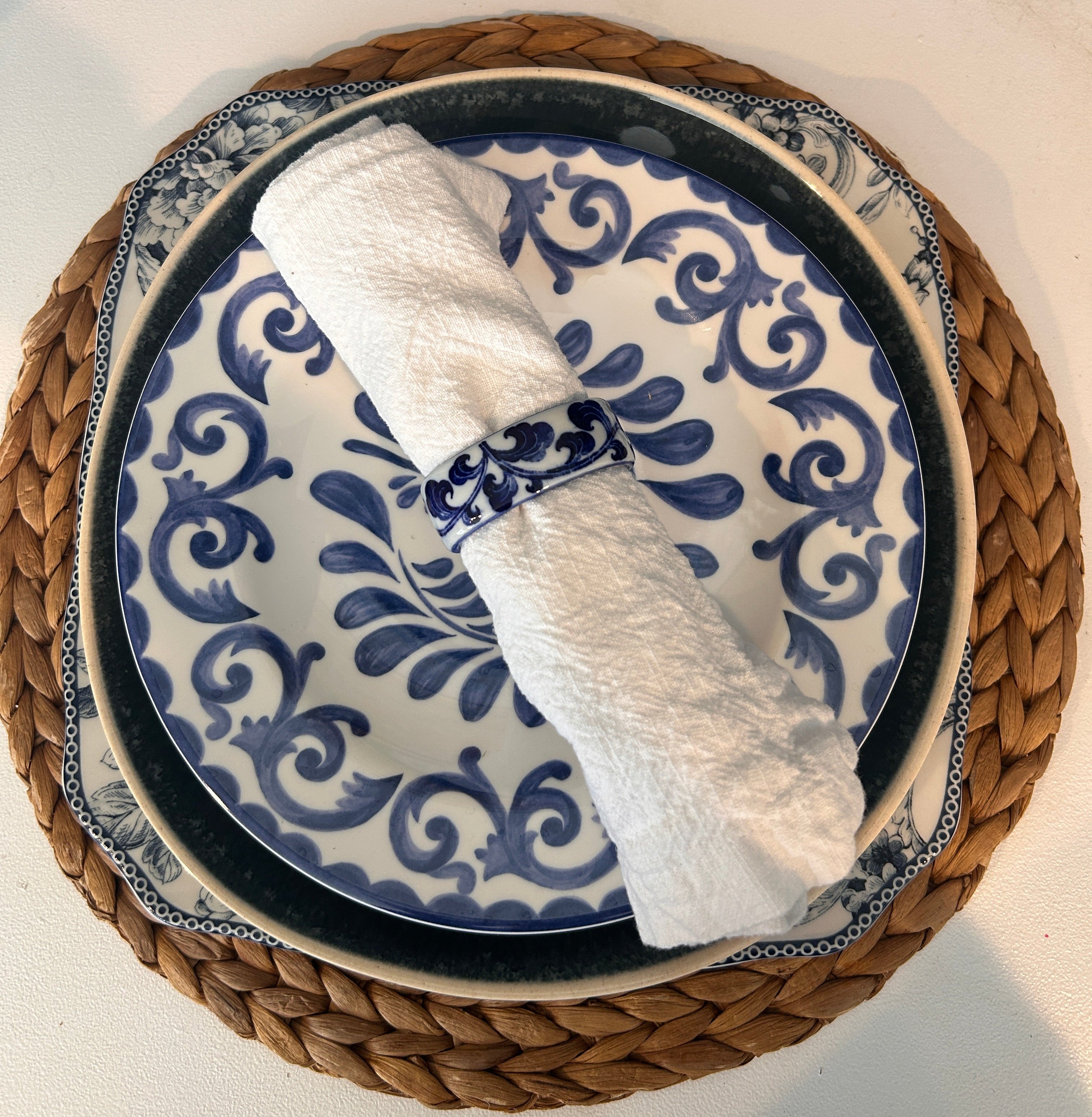 Vintage Blue and white Porcelain Napkin Rings- Set of 4
