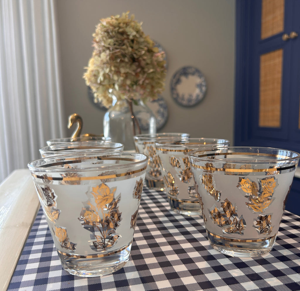 Vintage Libbey Mid-Century Frosted Gold Rose Cocktail Glasses- Set of 6