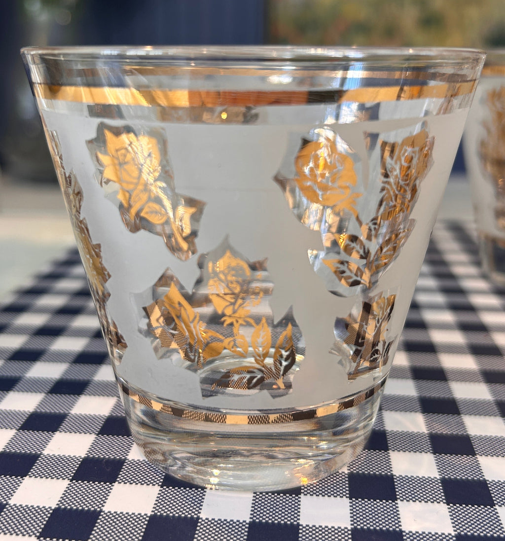 Vintage Libbey Mid-Century Frosted Gold Rose Cocktail Glasses- Set of 6