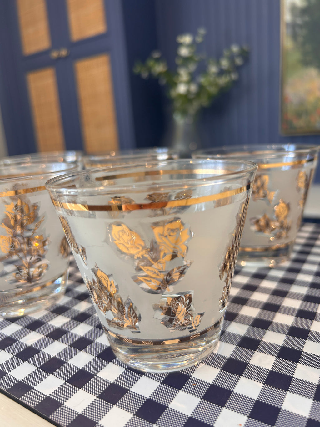 Vintage Libbey Mid-Century Frosted Gold Rose Cocktail Glasses- Set of 6