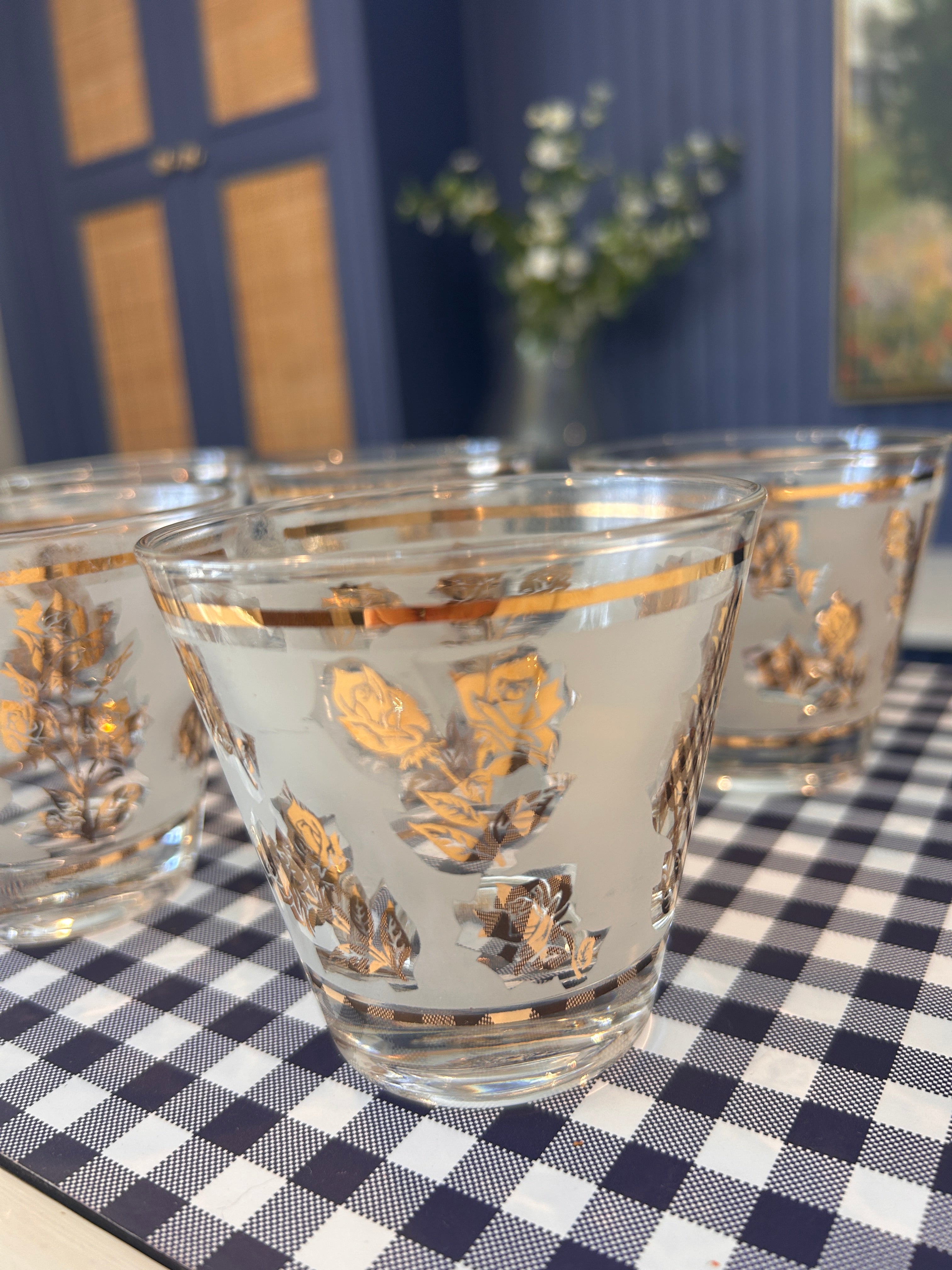 Vintage Libbey Mid-Century Frosted Gold Rose Cocktail Glasses- Set of 6