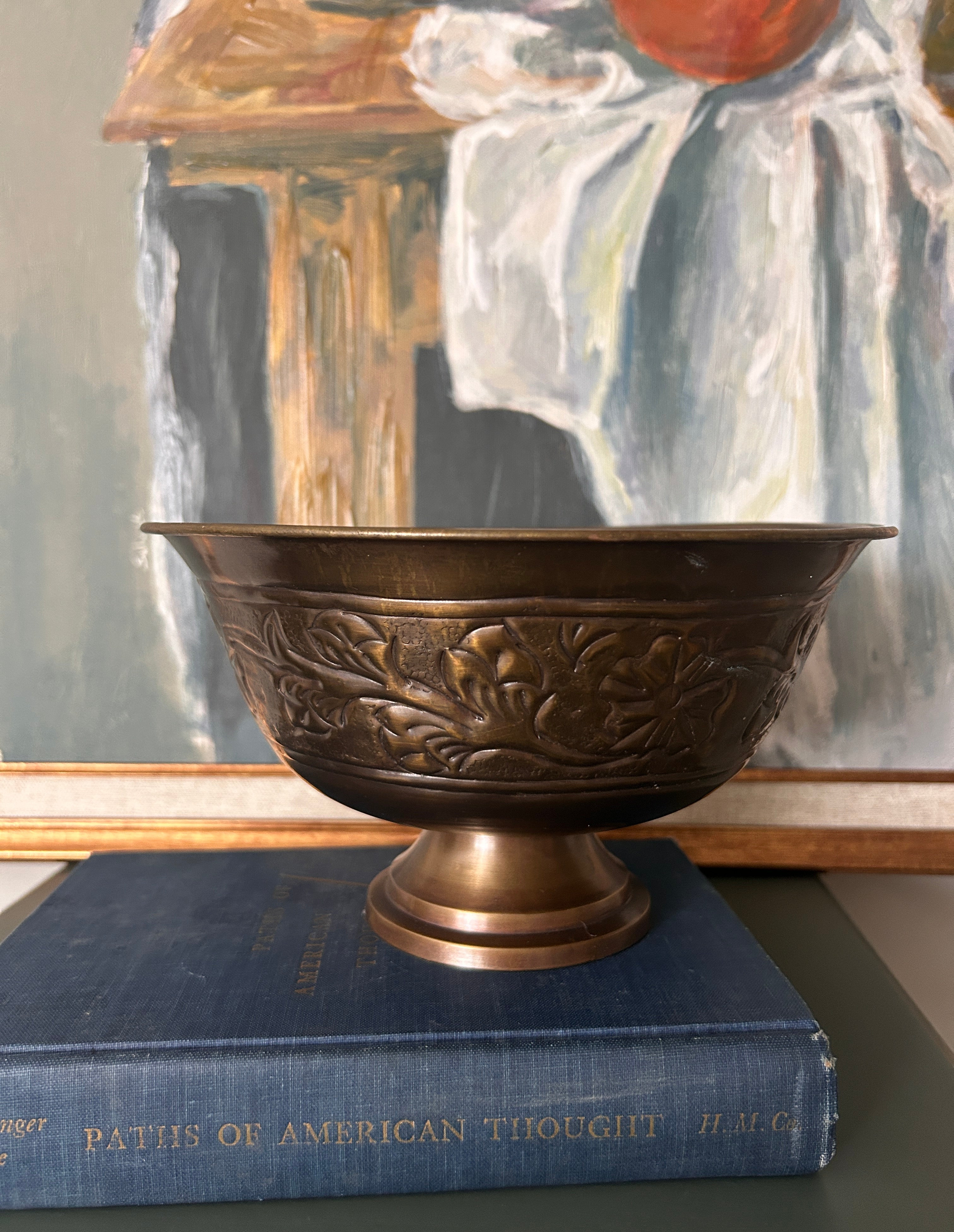 Vintage Brass Embossed Floral Pedestal Bowl