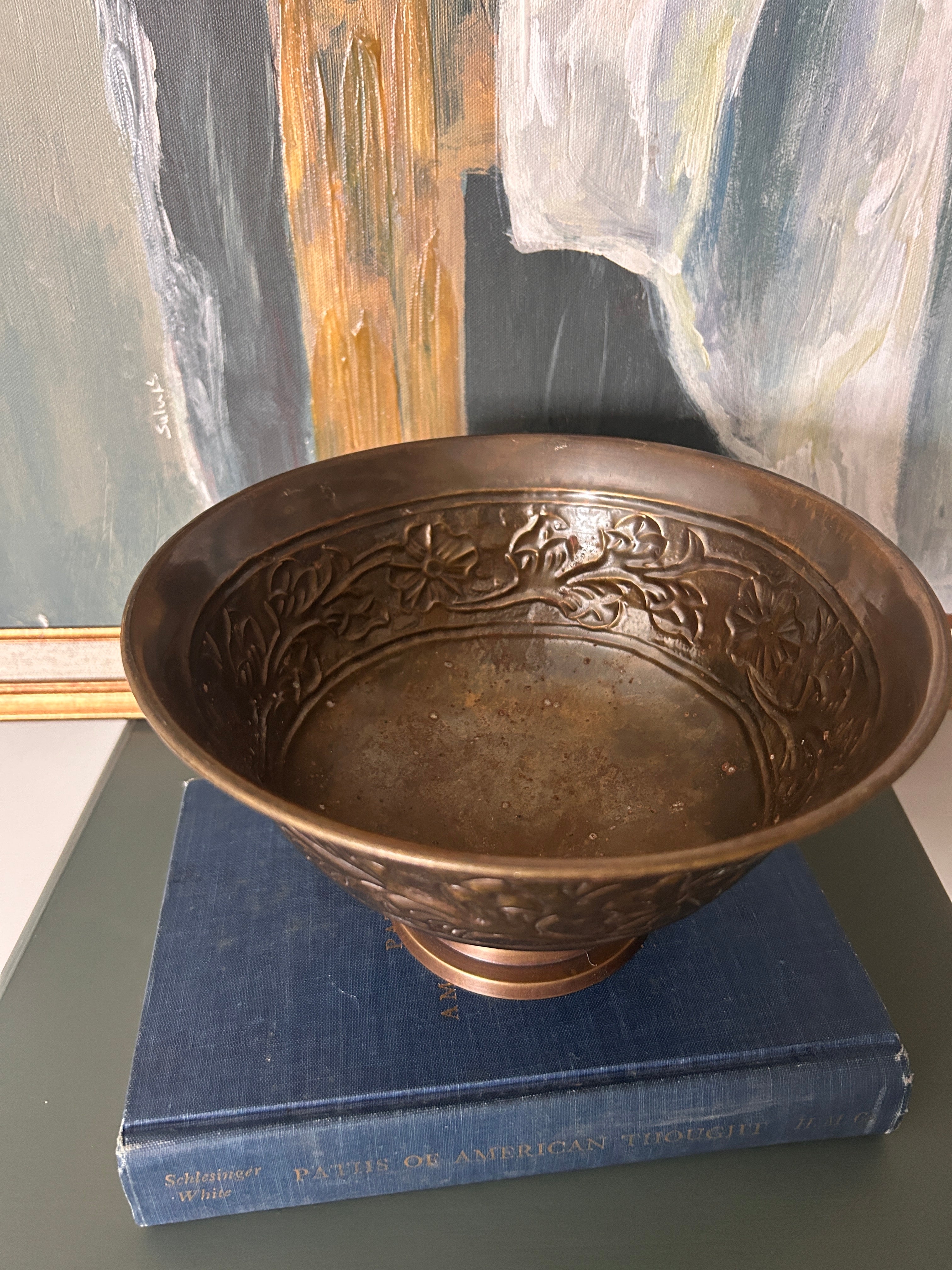 Vintage Brass Embossed Floral Pedestal Bowl