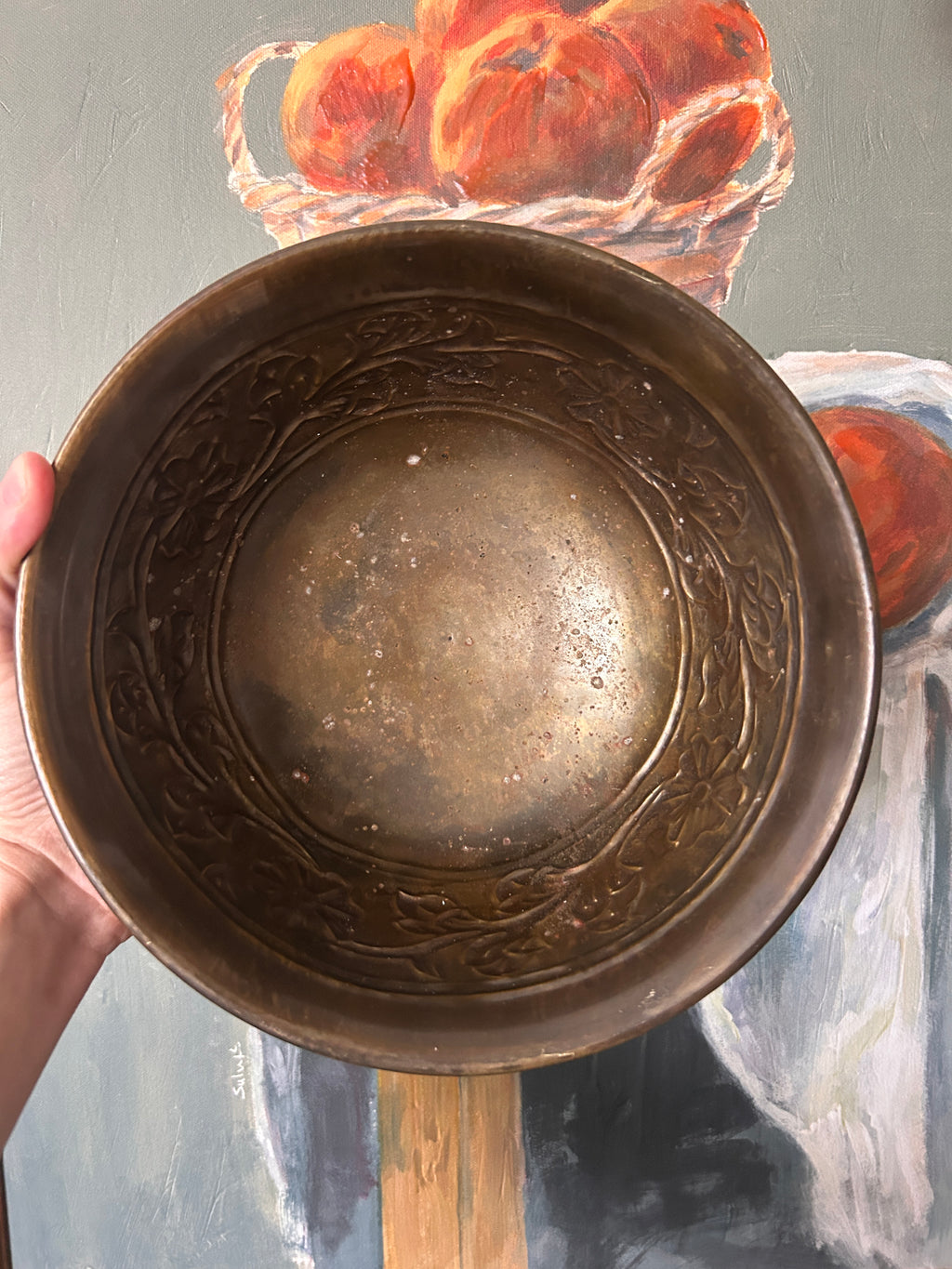 Vintage Brass Embossed Floral Pedestal Bowl