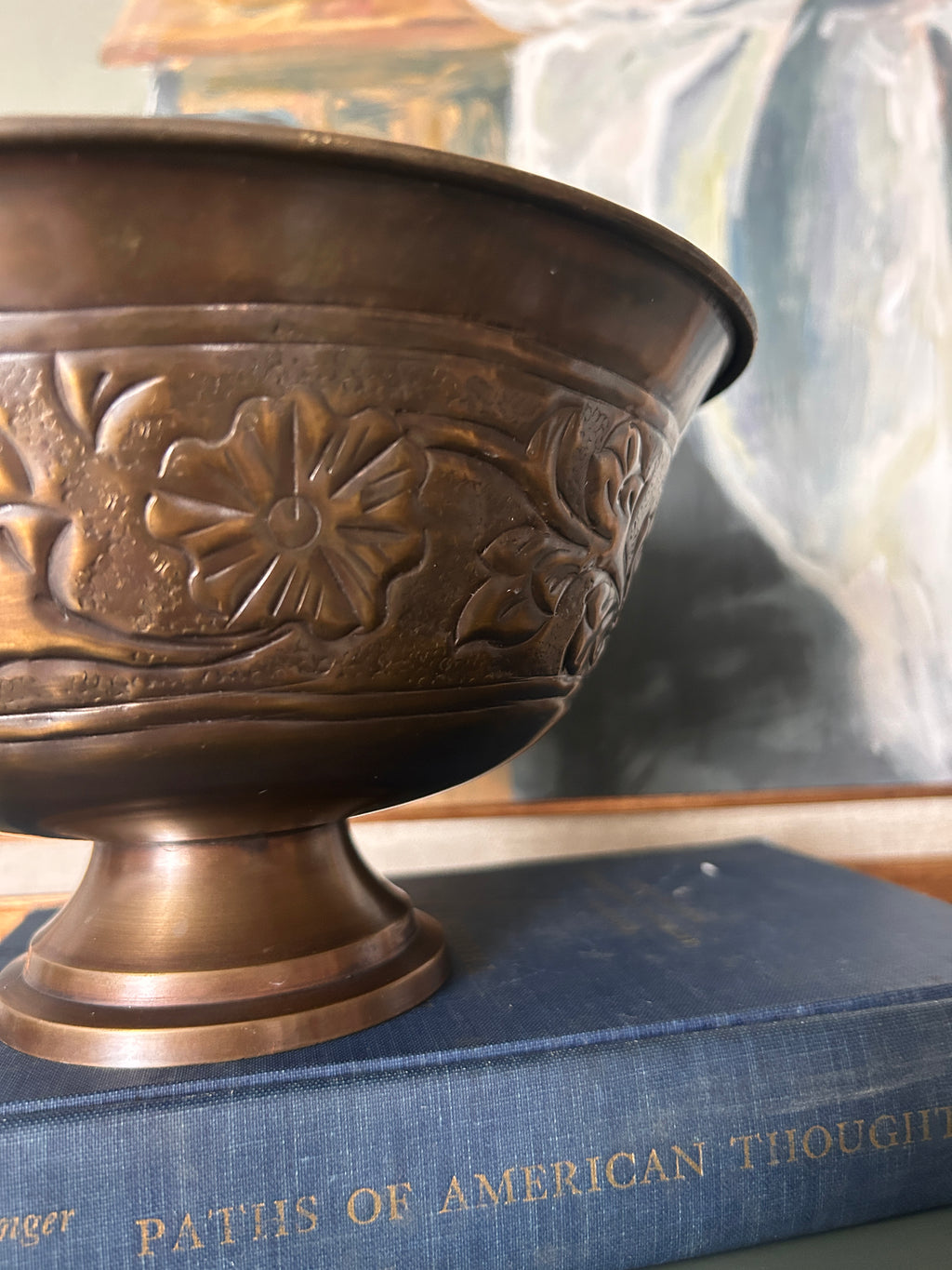 Vintage Brass Embossed Floral Pedestal Bowl