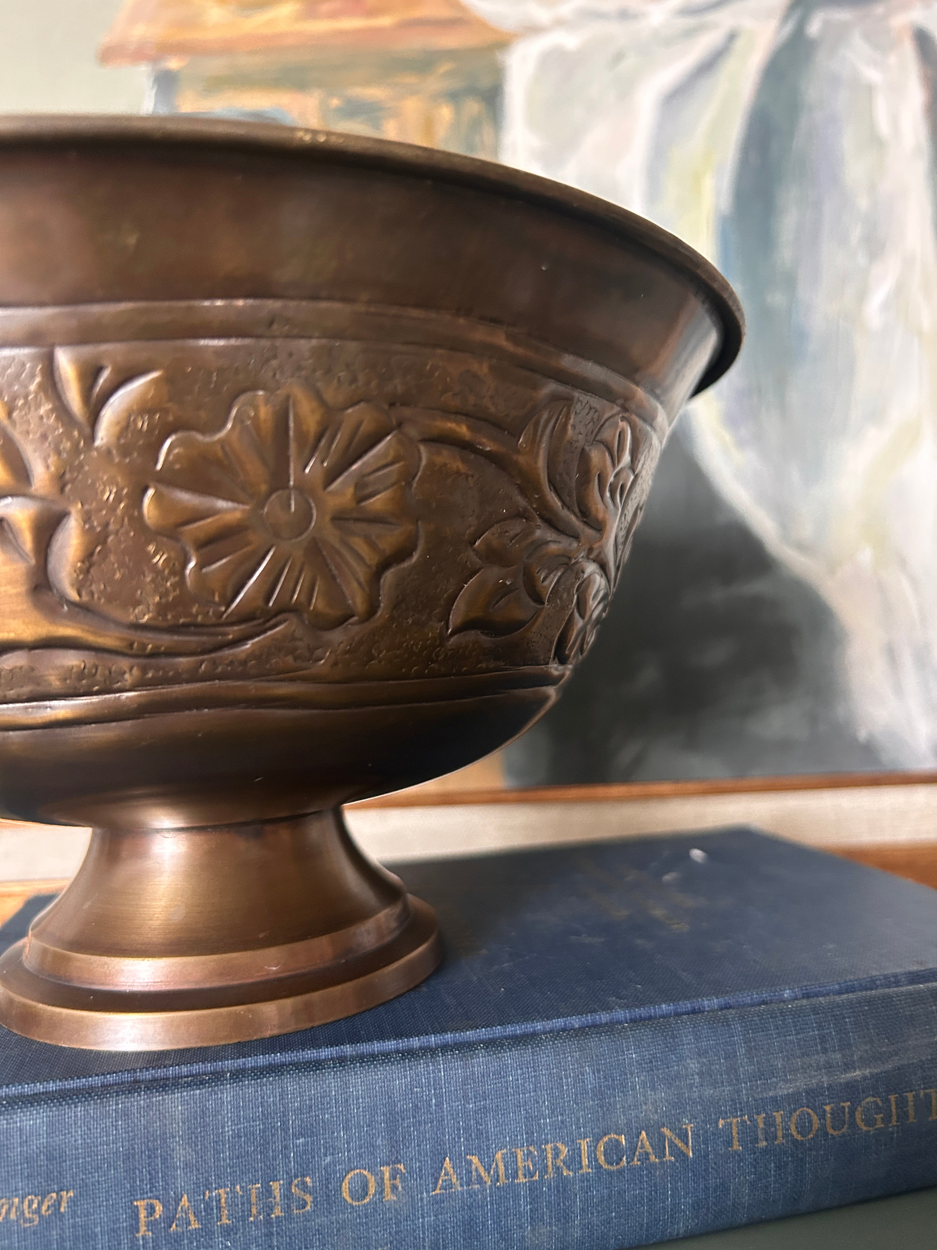 Vintage Brass Embossed Floral Pedestal Bowl