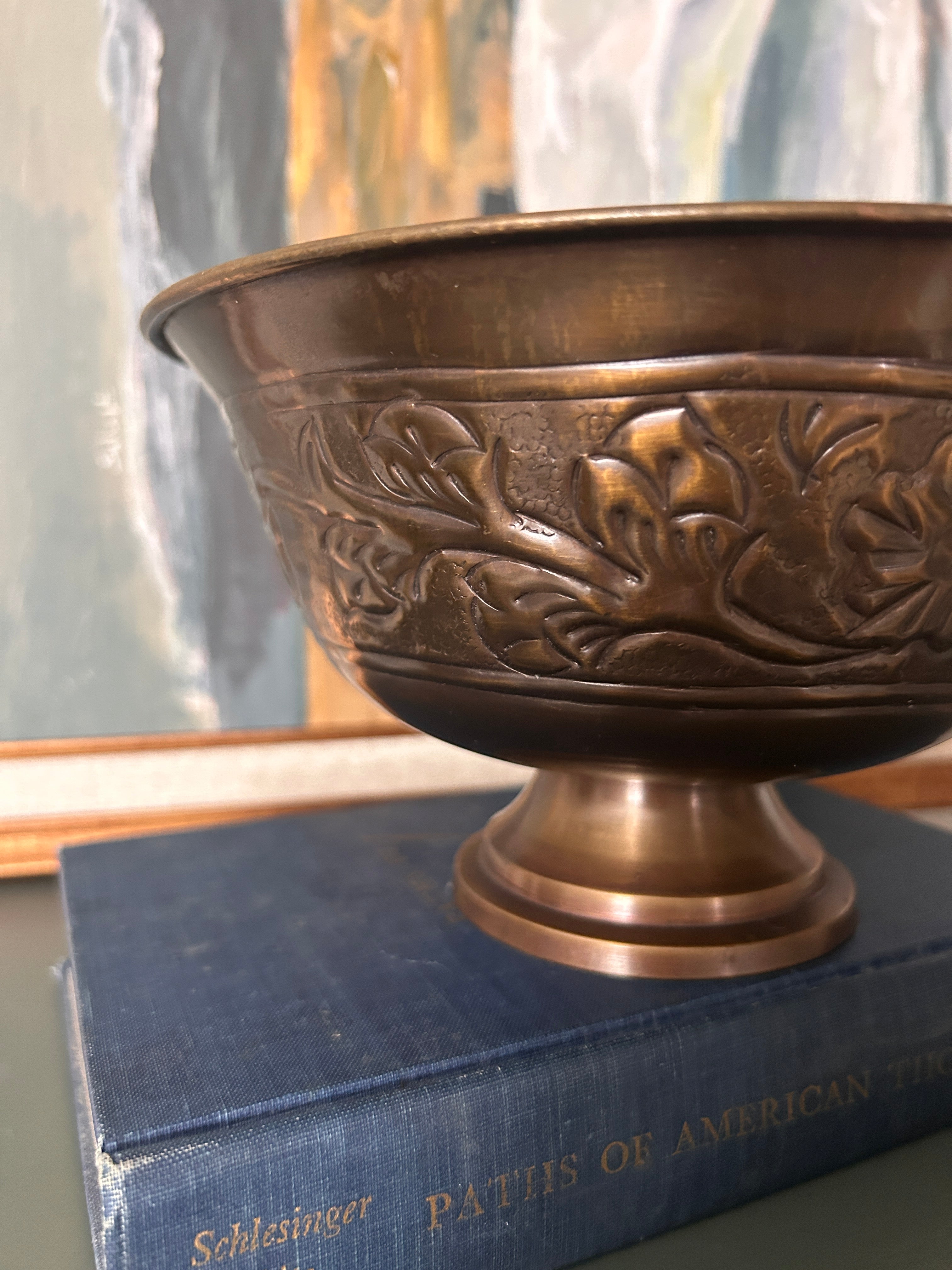 Vintage Brass Embossed Floral Pedestal Bowl