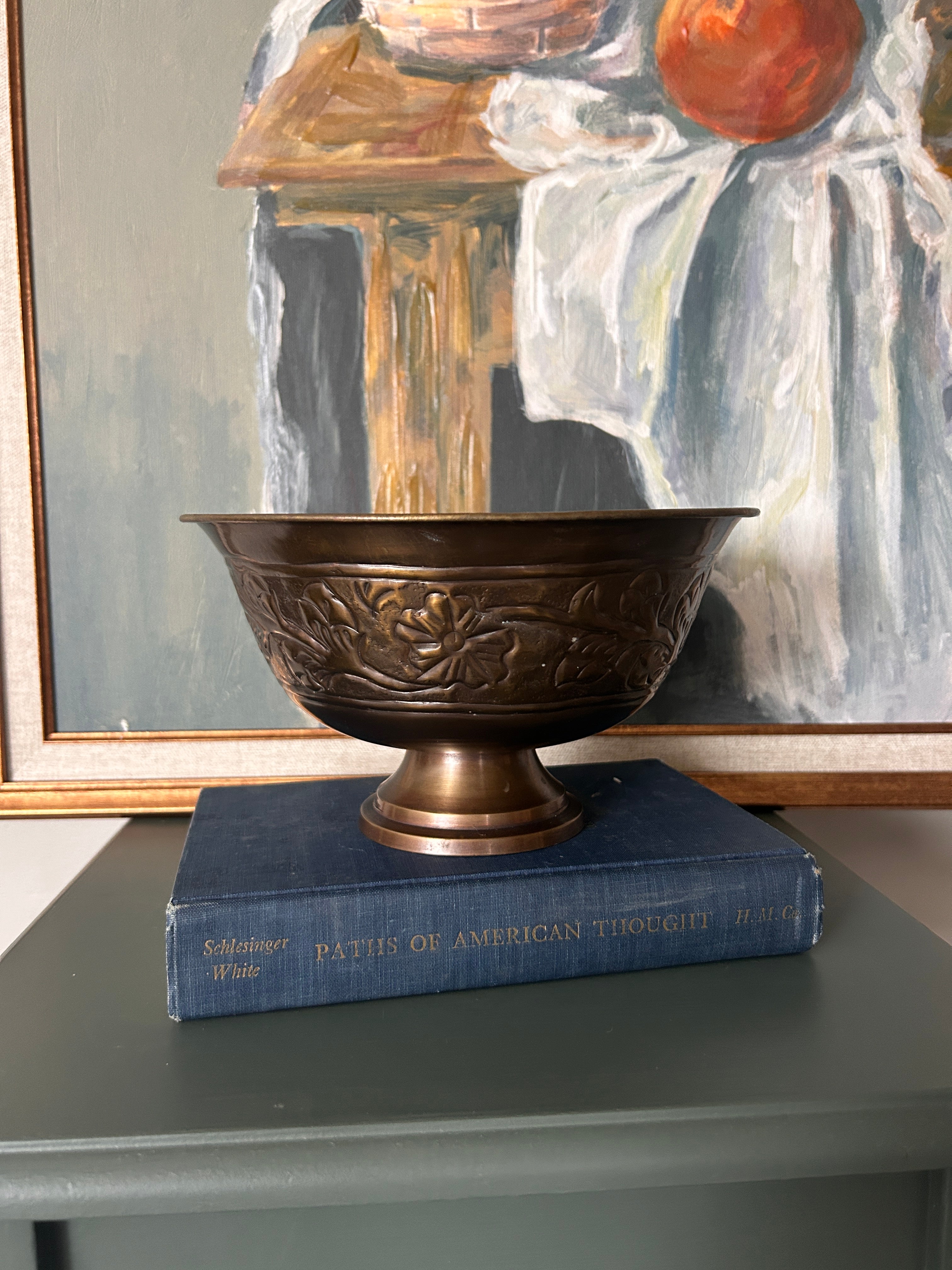Vintage Brass Embossed Floral Pedestal Bowl
