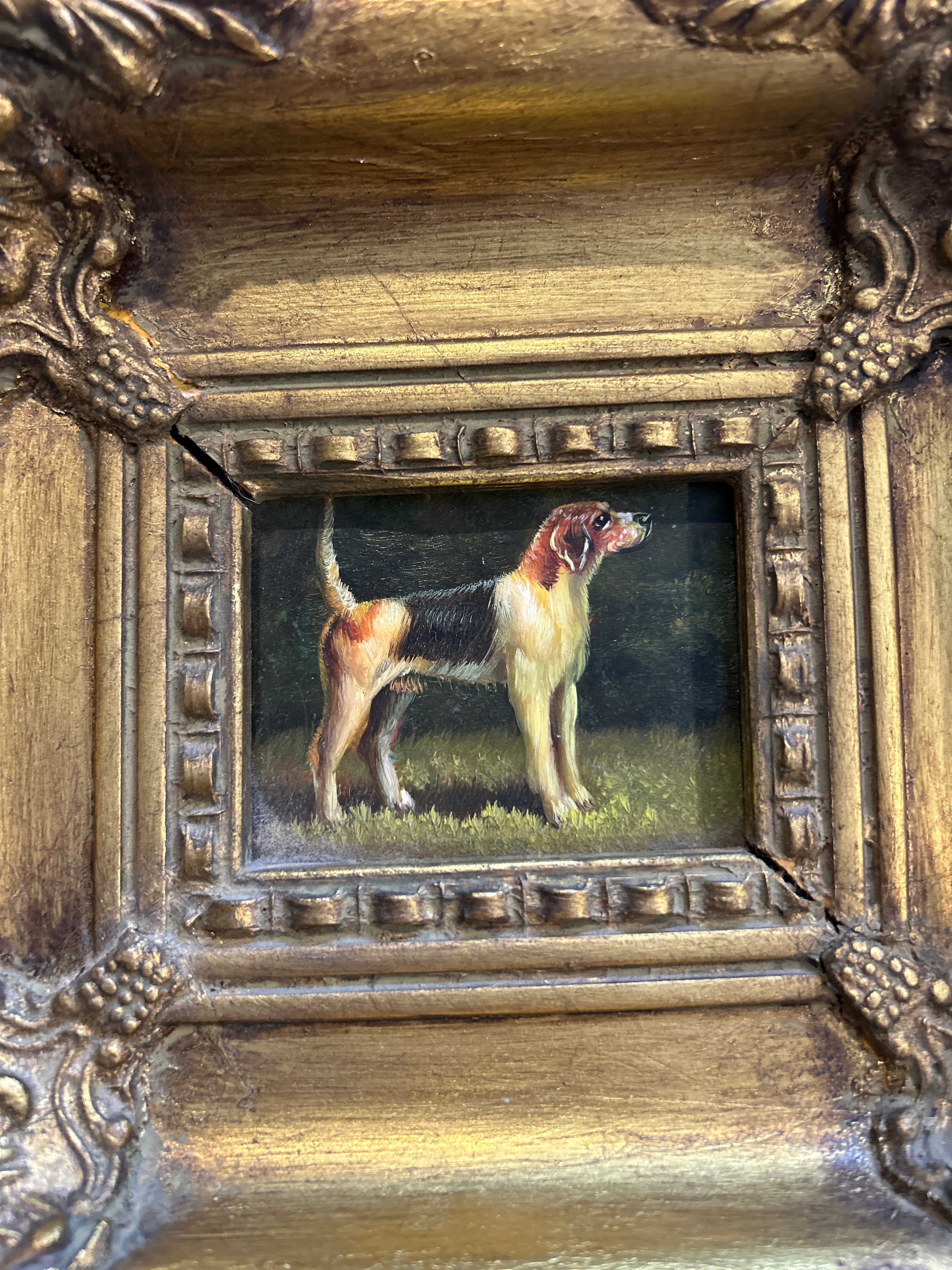 Vintage Dog Framed Oil Painting