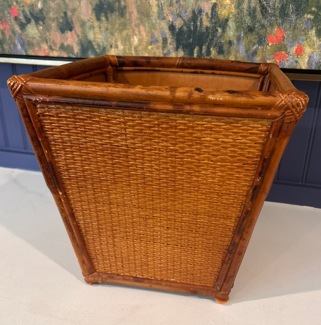 Vintage "Tortoise Shell" Faux Burnt Bamboo Planter / Wastebasket
